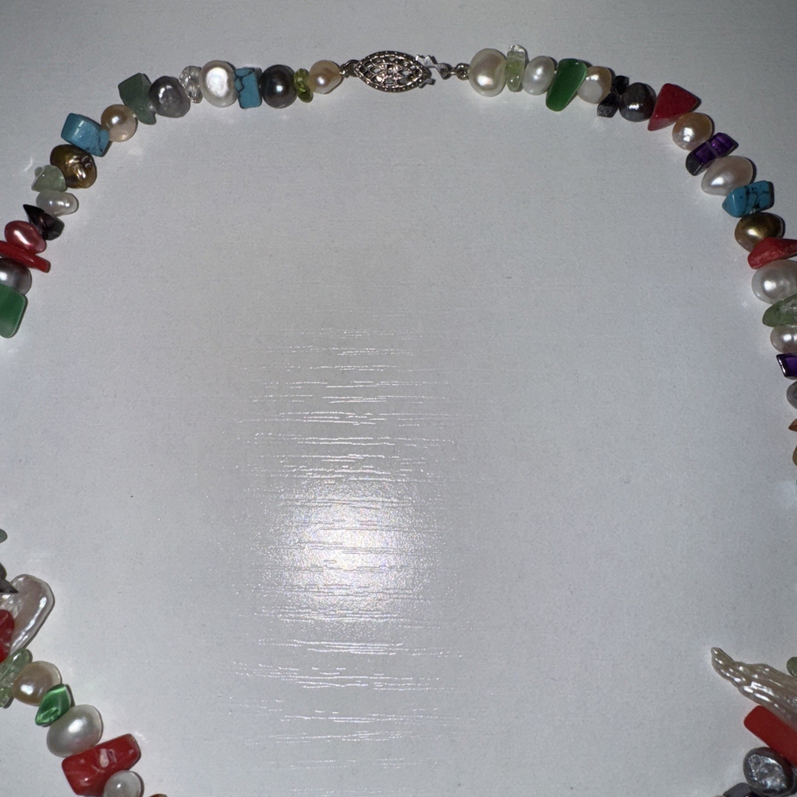 Vintage Multi Gemstone Pearl Turquoise Silver Fish Hook Clasp