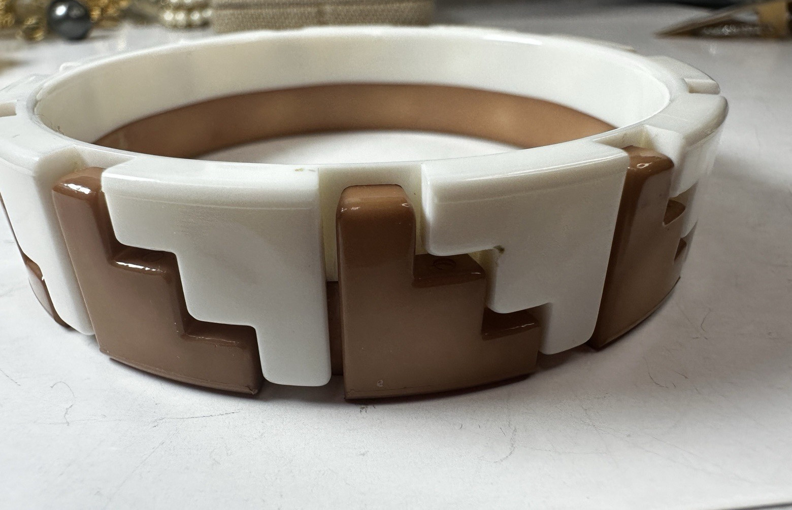 Vintage Bracelet Puzzle Western Germany Plastic White Brown Bangle