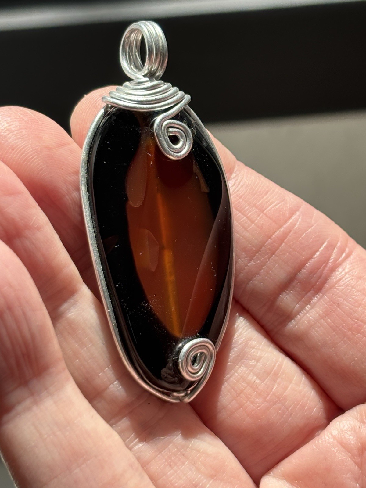 Handmade Wire Wrapped Pendant Dk Amber Orange Translucent Stone or Glass Artisan