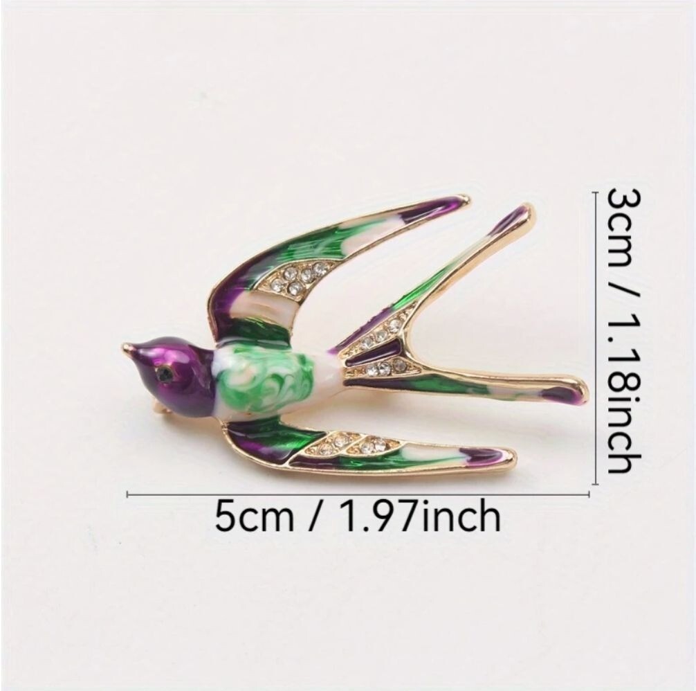 Enamel Sparrow Bird Brooch Purple Green White with Clear Crystals Gold Tone