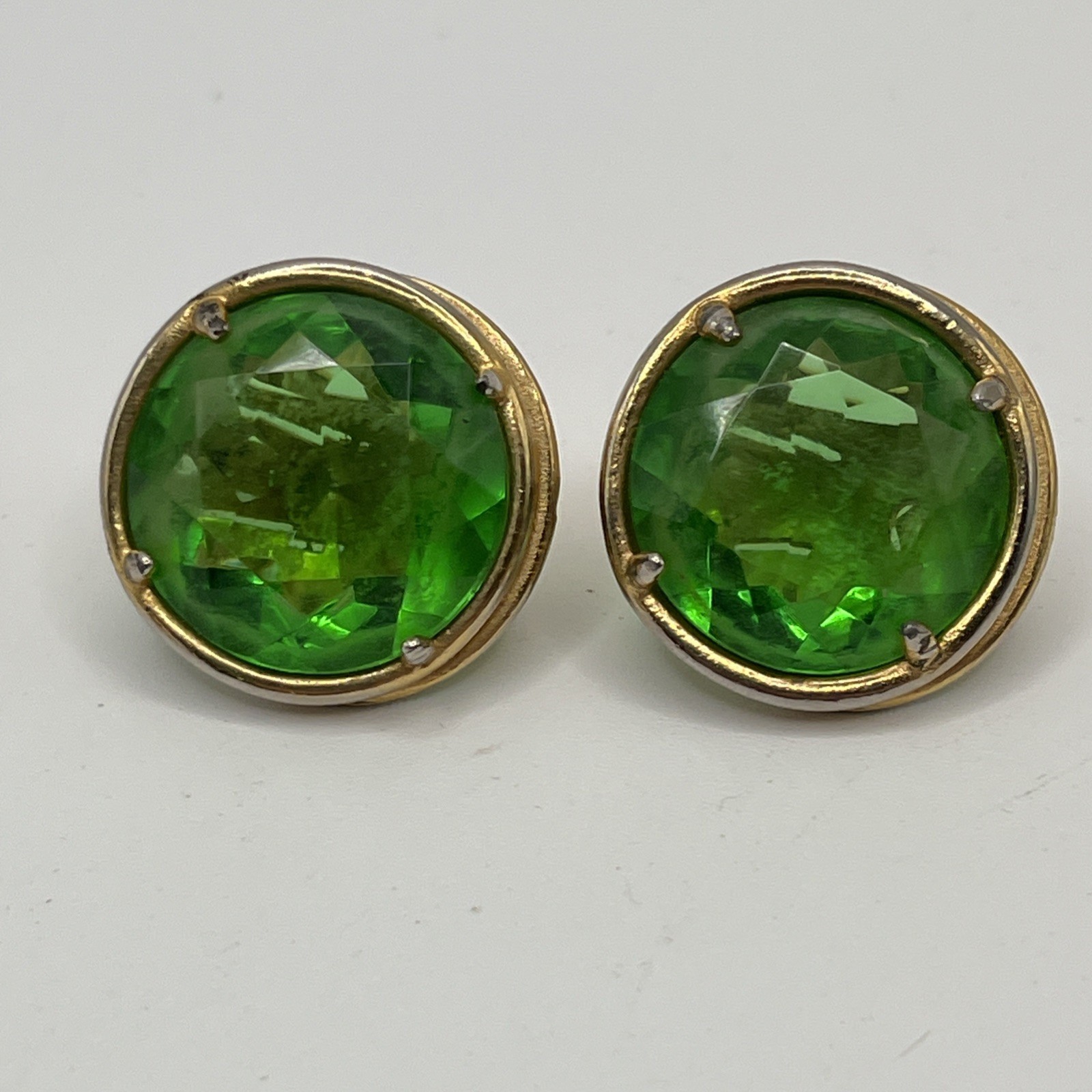 Vtg Mosell Emerald Green Faceted Glass Clip On Earrings Large Cocktail Round