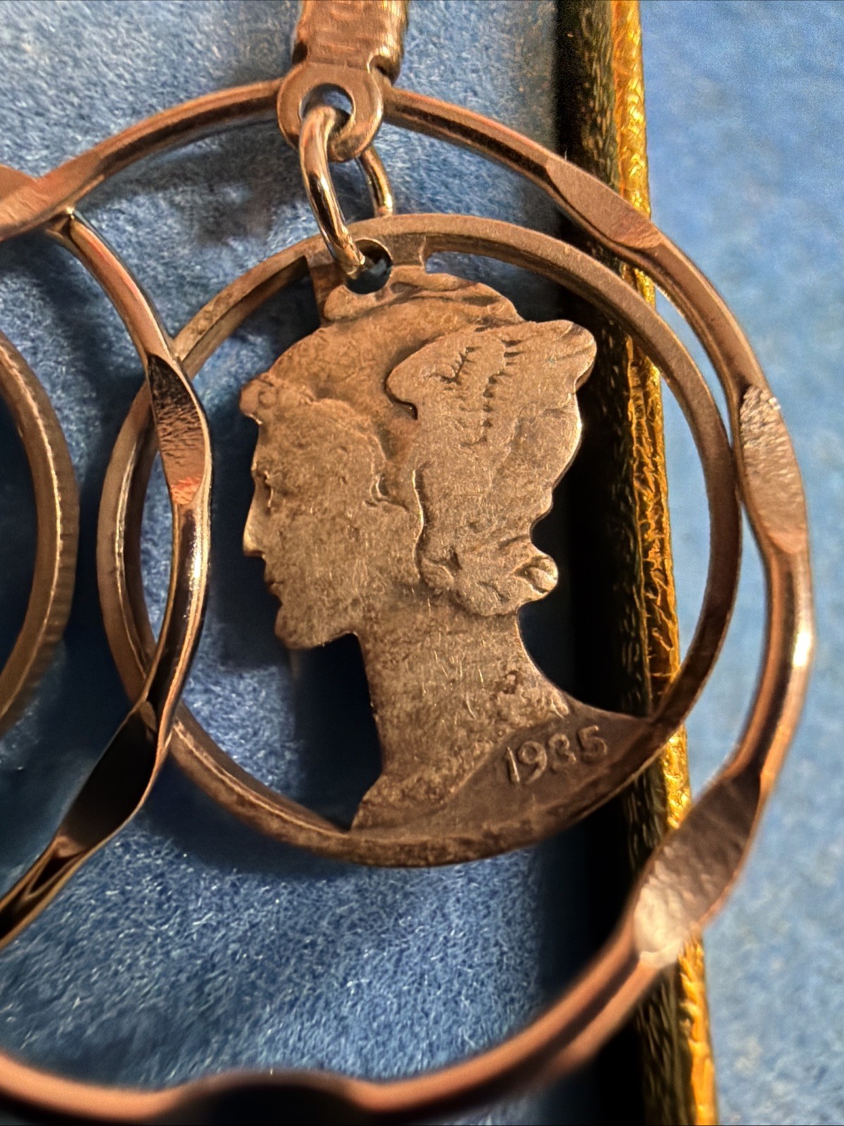 Estate Vintage Silver Pierced Double Hoop Mercury Dime cut out earrings 1935@43