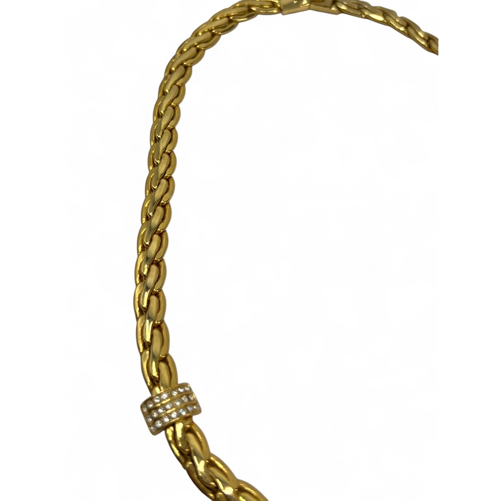 Vintage Necklace Gold Tone Plated Rope Snack Chain Crystal Rhinestone Link