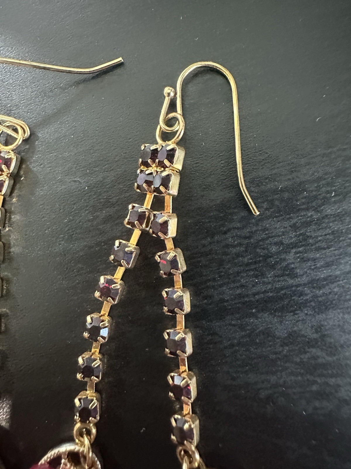 Nice Vintage Gold Tone Pink Purple Deep Red Rhinestone Dangle Hook Earrings