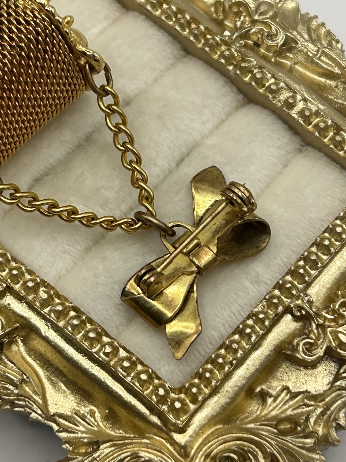 Vintage Gold Mesh Mini Coin Purse Brooch Bow Blue Charm Cottagecore Romantic Fun