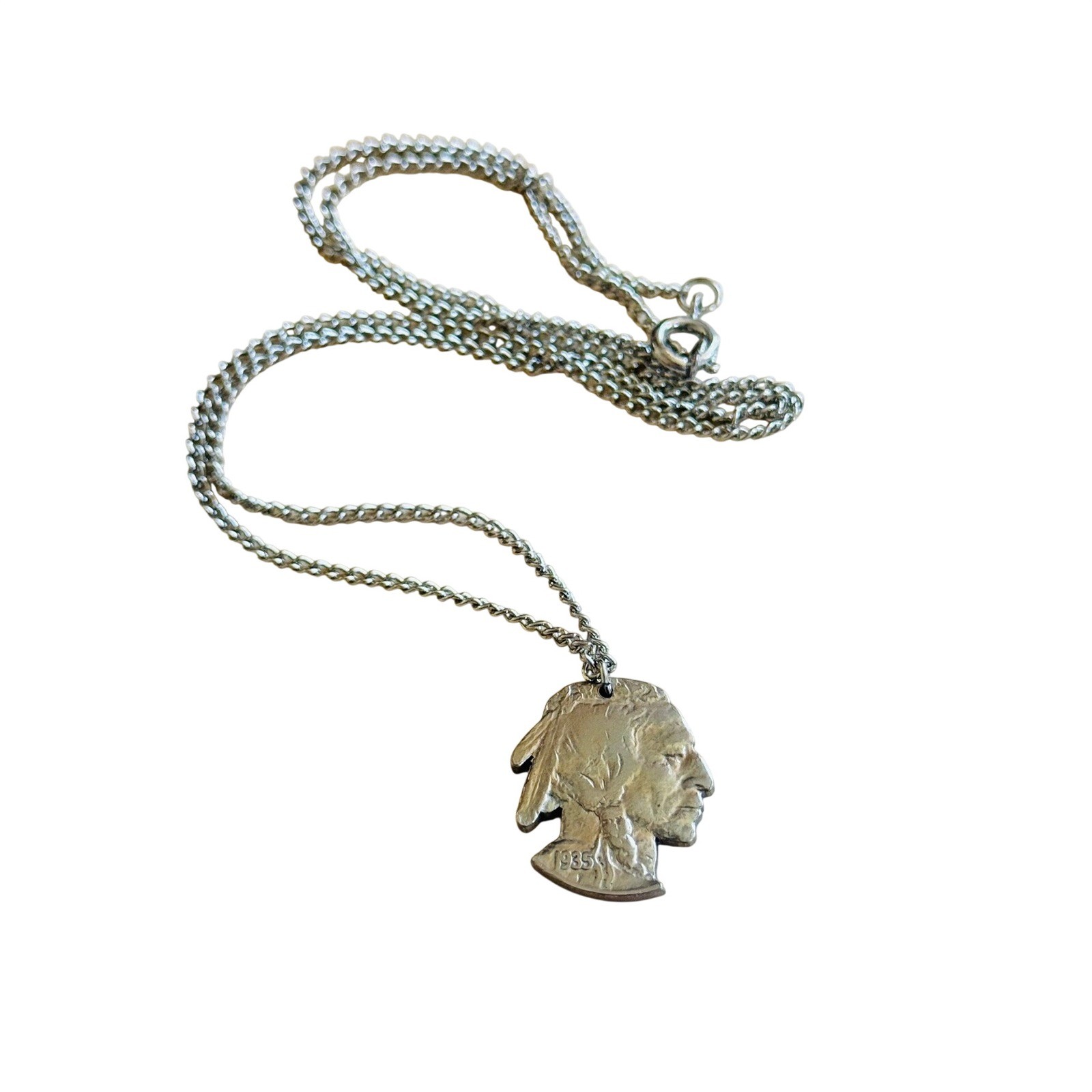 VTG Indian Head Buffalo Nickel Coin Cutout necklace Silver Tone Retro 70s 19″