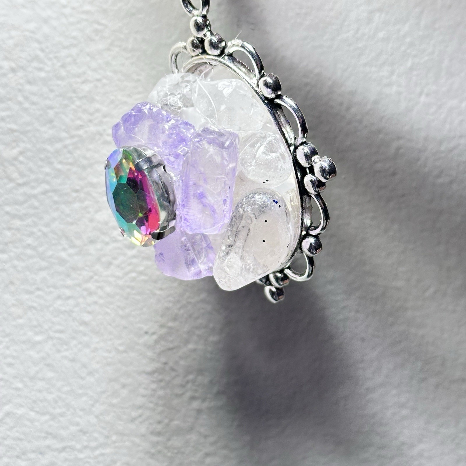 ARTISAN QUARTZ PENDANT GLASS BEADED COLLAGE NECKLACE HANDMADE STATEMENT OOAK