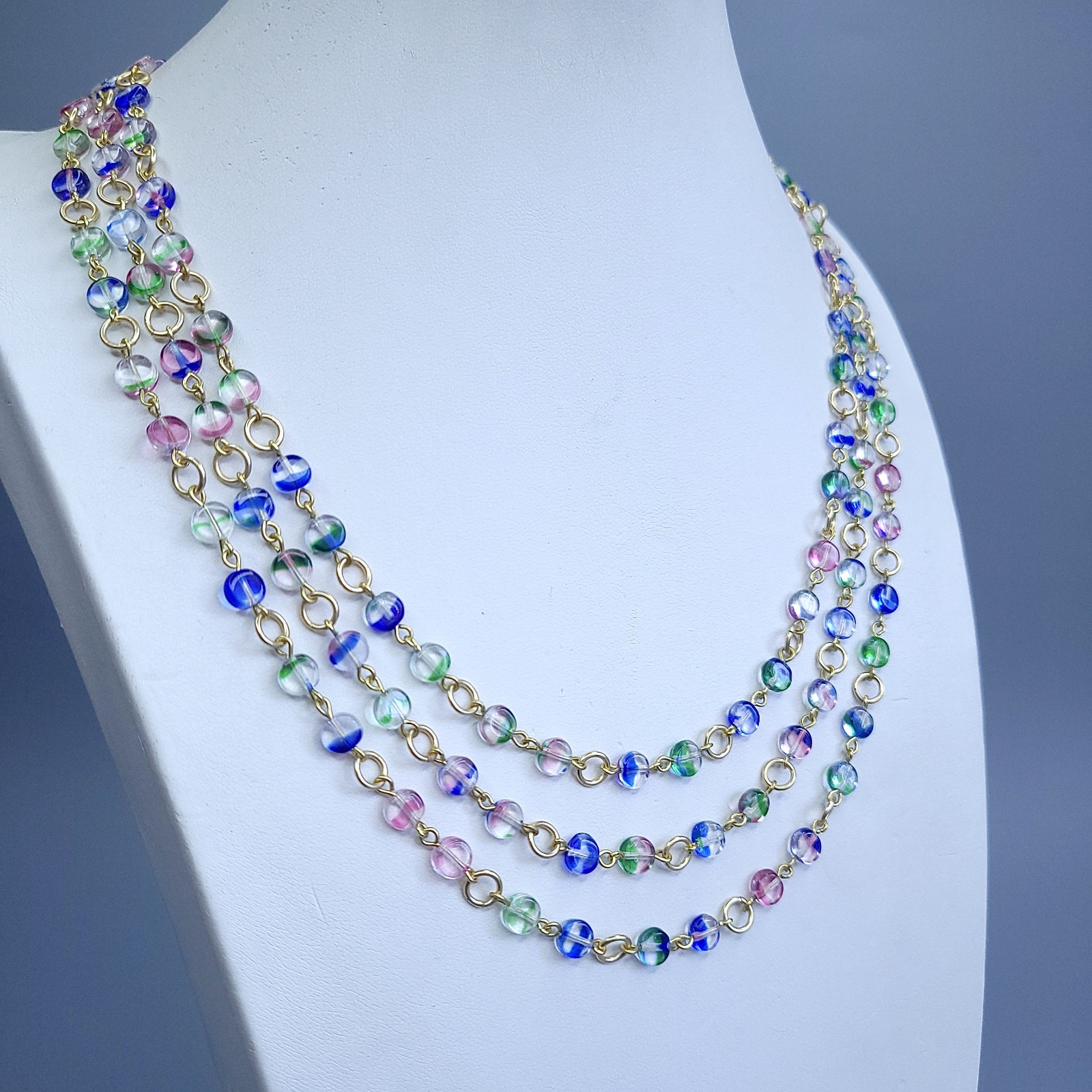 Iris Glass Necklace 22” Multicolor Czech Vintage Beads Women`s Jewelry