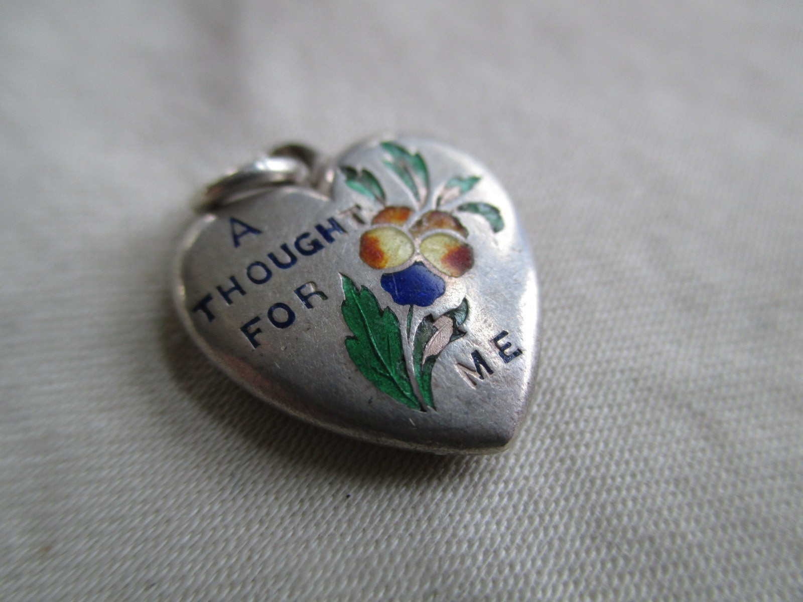 Vtg Sterling Charm Beautiful Puffy Heart Enameled Pansy A THOUGHT FOR ME