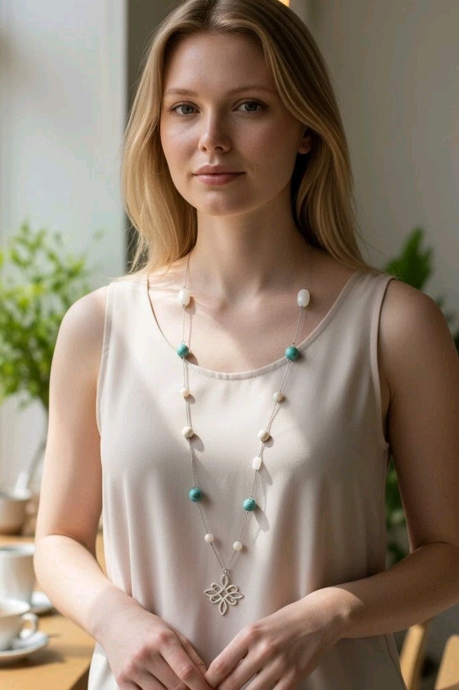 Sterling Silver HandPicked Necklace 925 Medallion Chain Semi Precious Stones 34″