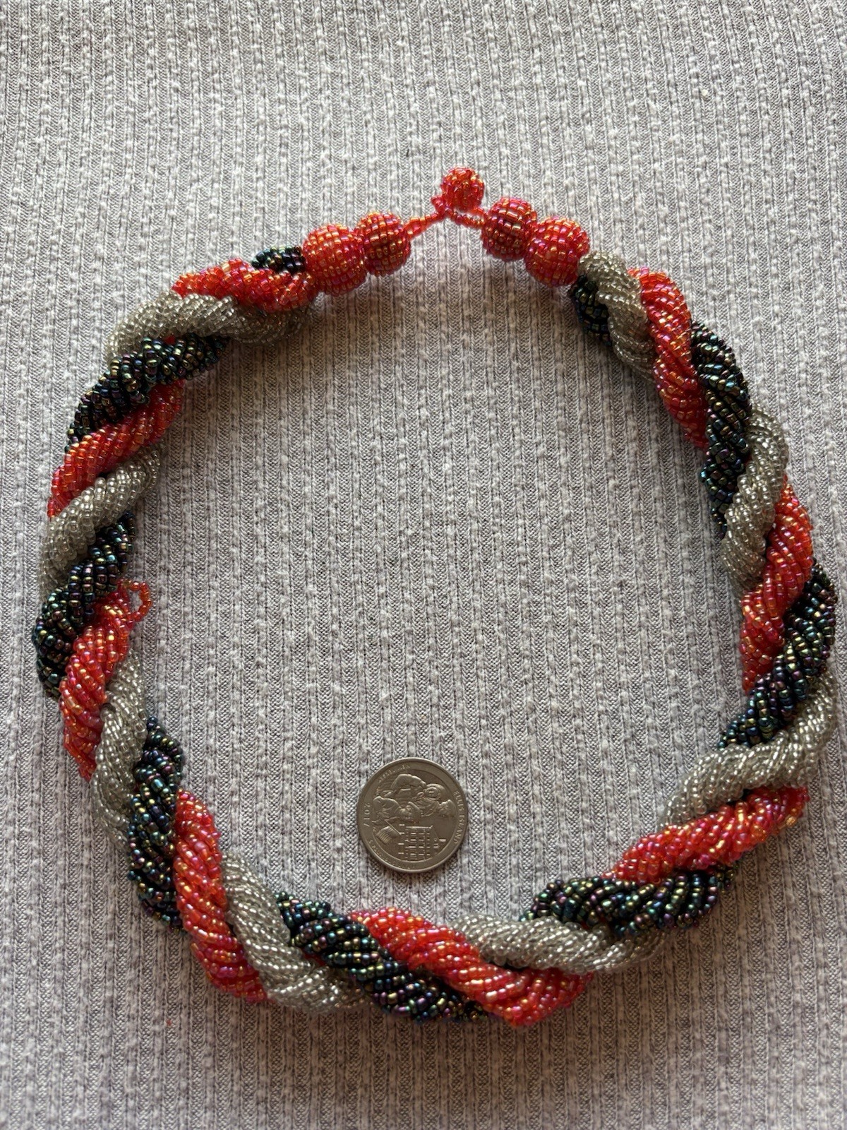 Vintage red, iridescent & clear microbeaded thick chunky braided necklace