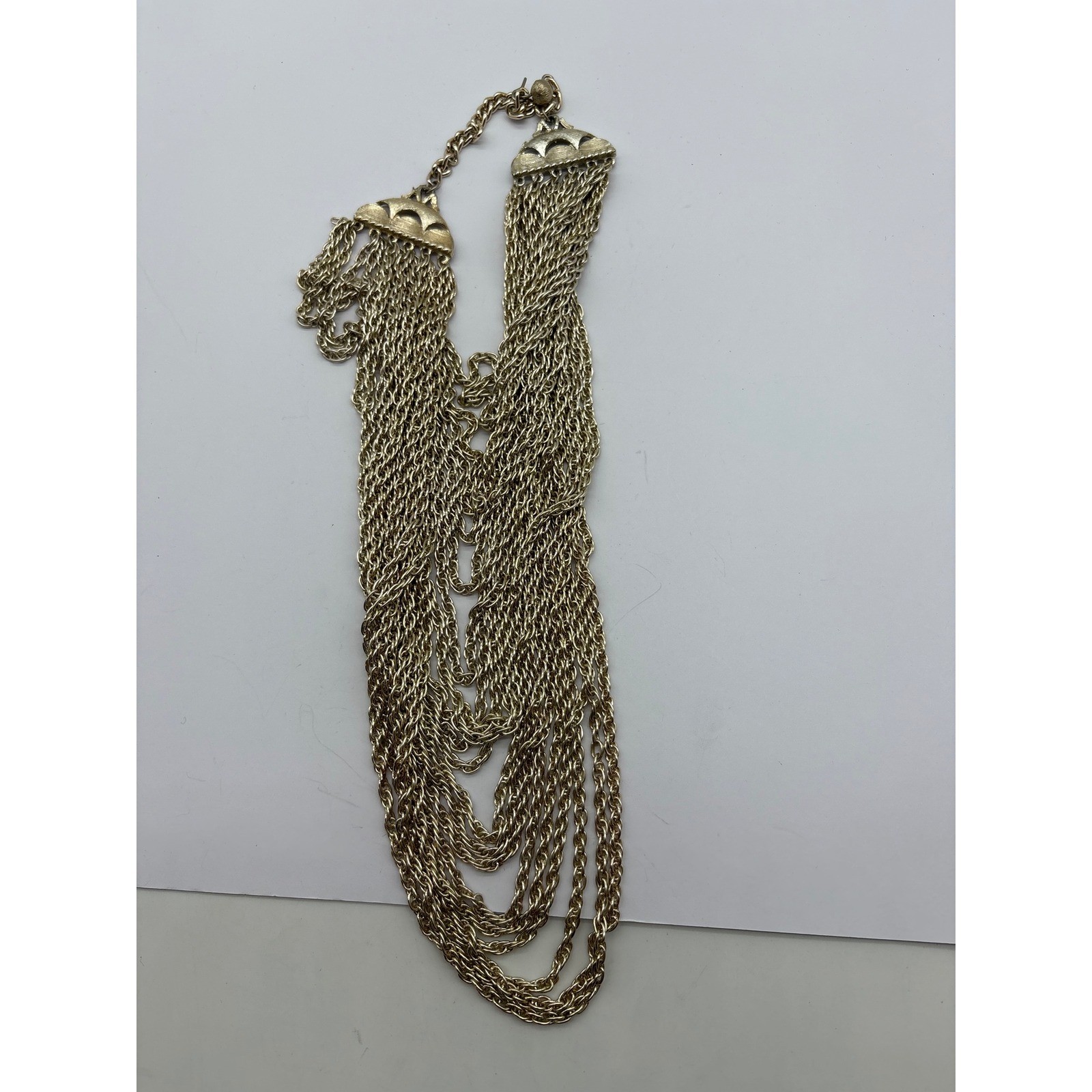 Vintage Silver Multi 6 Strand Chain Necklace Layered Statement Hook Closure J124