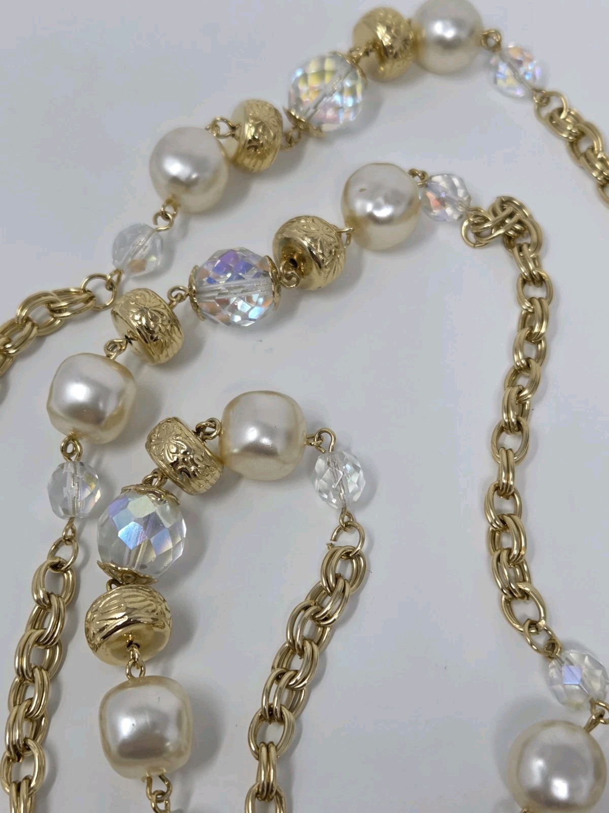 Gold Tone AB Crystal & Faux Pearl Chain Necklace 60 Inches Long Vintage