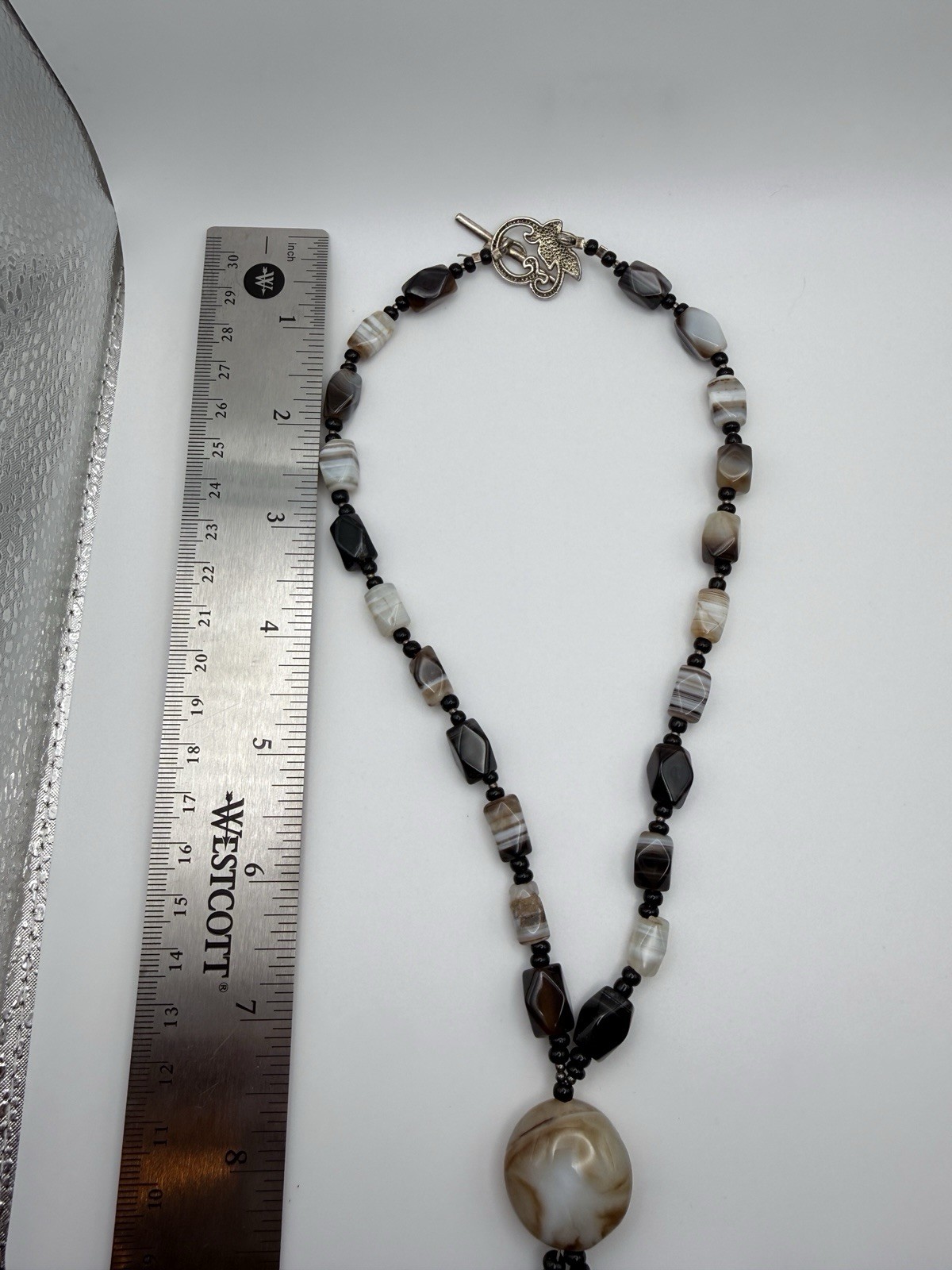 Vintage Agate Beaded 925 Sterling Silver Necklace Toggle Closure