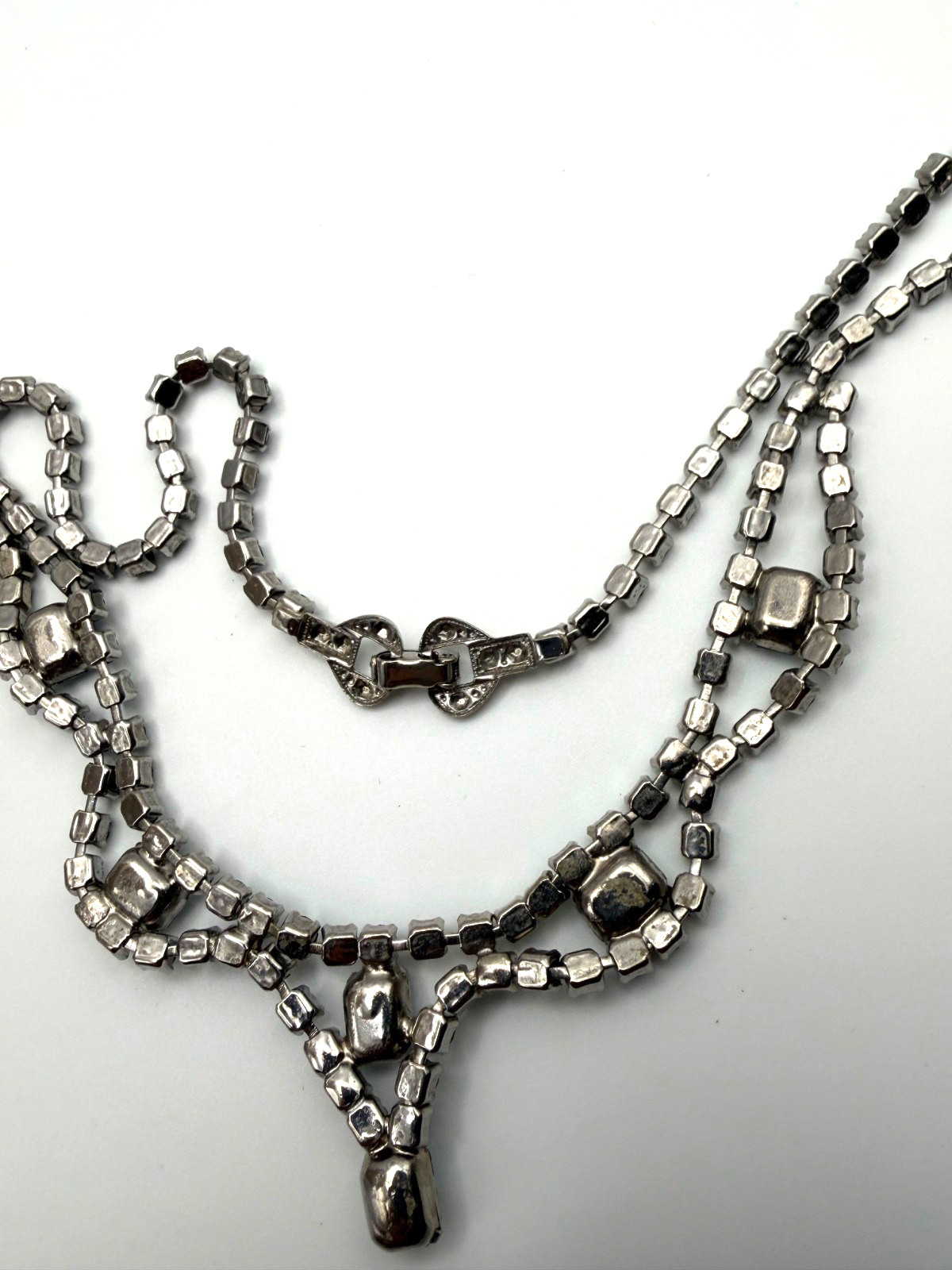 Vintage light blue rhinestone statement necklace in silver-tone setting – 16.5 “