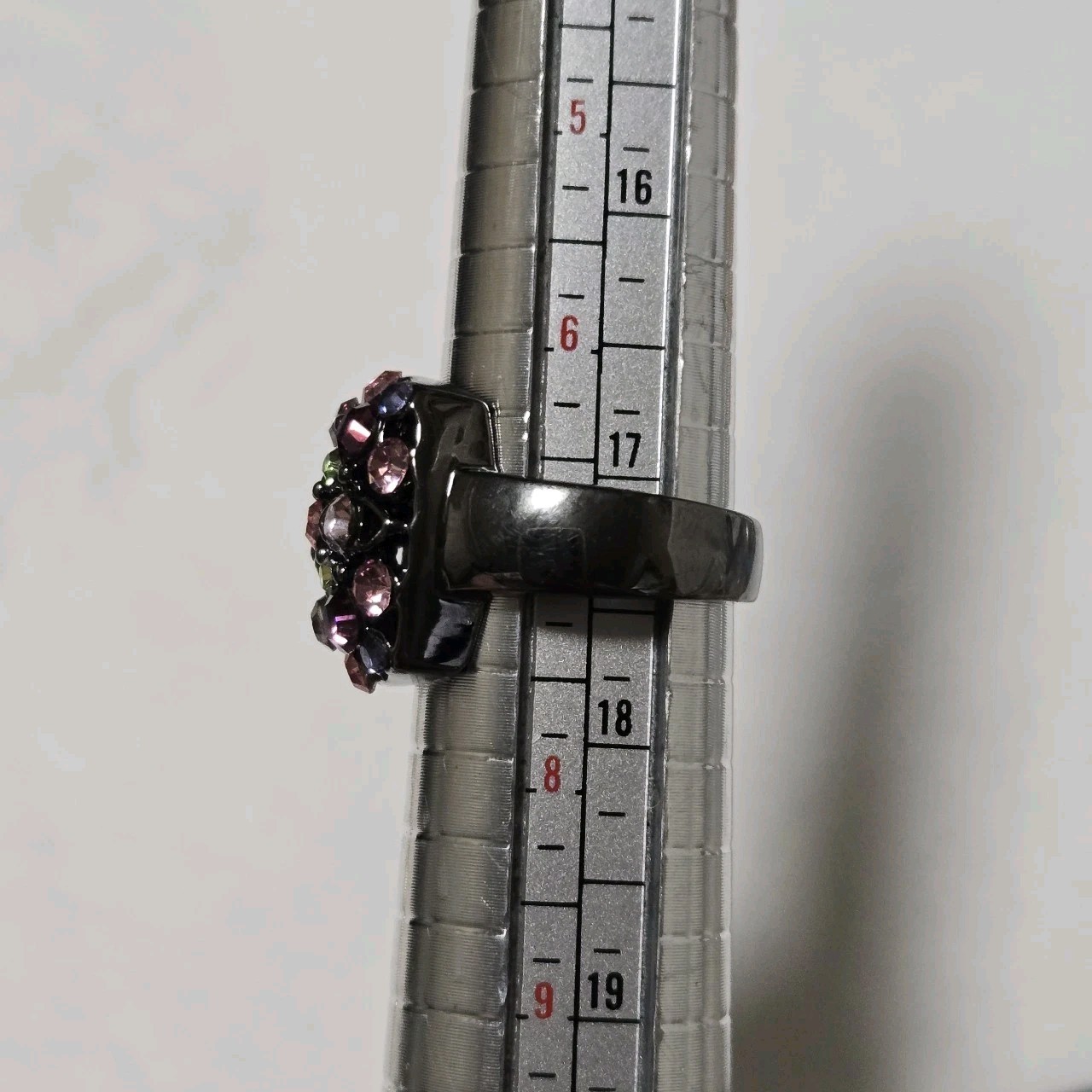 Gunmetal Pink Purple Colorful Rhinestones Ring Size 6.75″