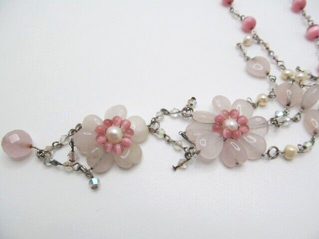 Stunning Pearl Pink Cats Eye Pink Quartz Stone Heart Flower Lariat Necklace