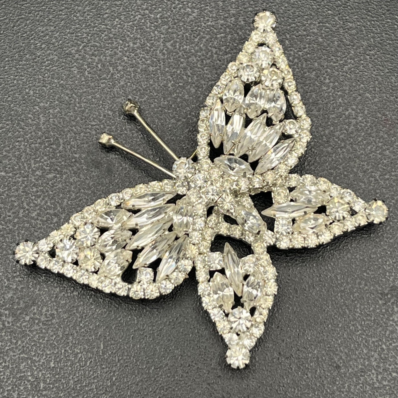 Mid Century Rhinestone Butterfly Brooch Silver Tone Navette Wings