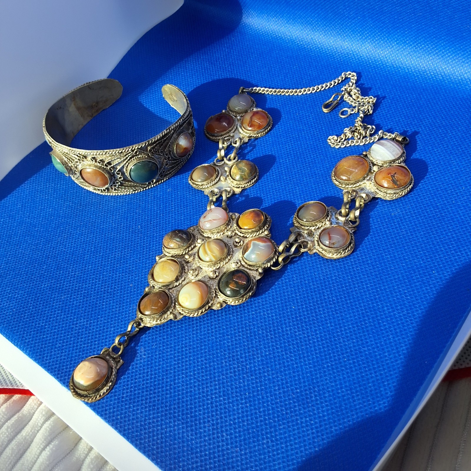 Vintage Tibetan Silver Metal Agate Glass Statement Necklace, Bracelet and Pin