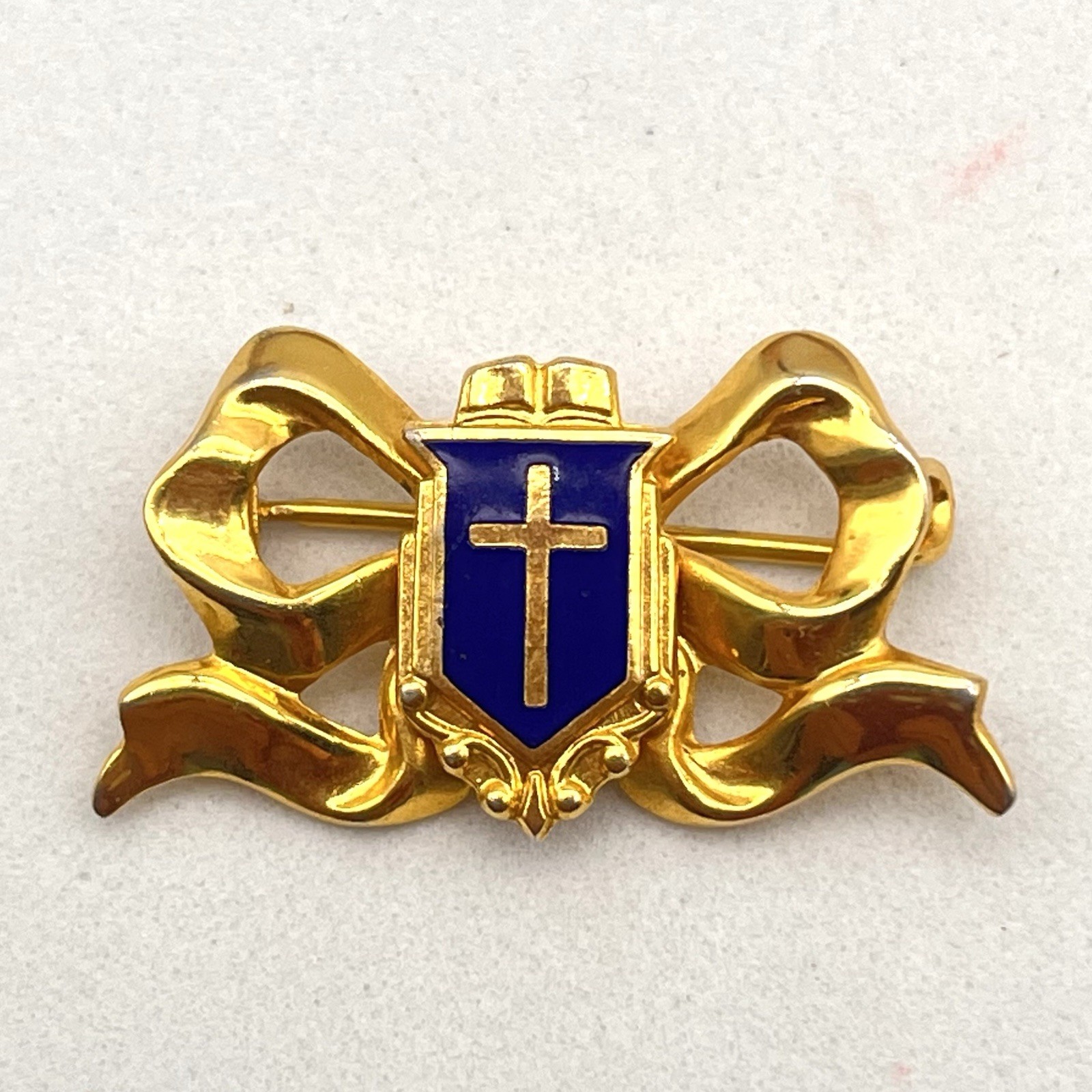 Vintage Cross Shield Religious Brooch Gold Tone Bow Blue Enamel Pin 1″