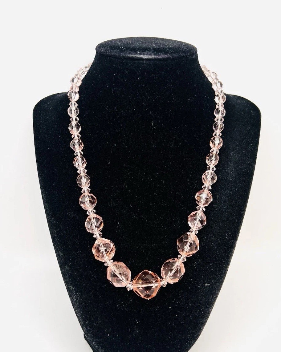 Art Deco Faceted Pink Crystal Glass Beaded Necklace Vintage Jewelry