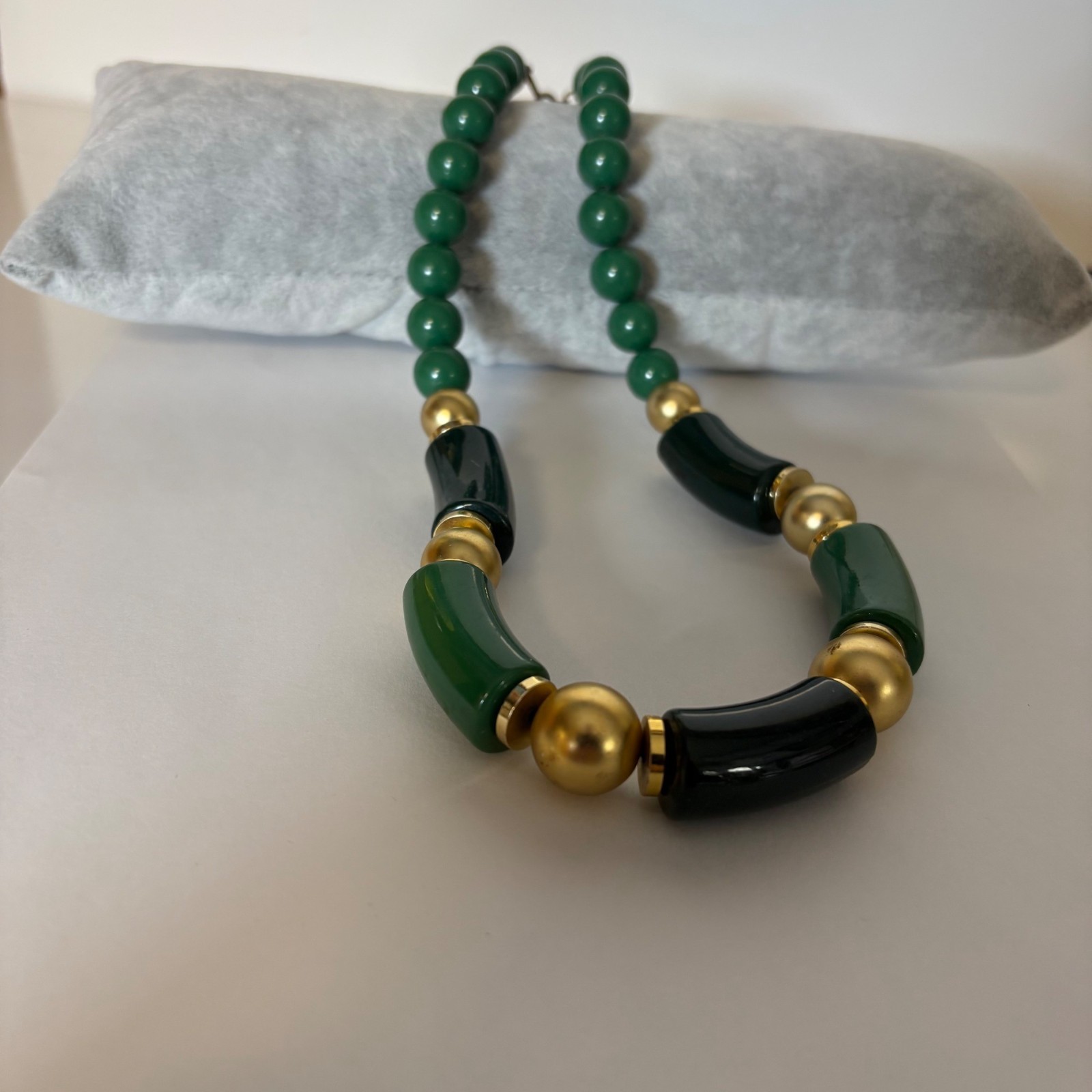 Vintage Green Gold Tone Beaded Statement Necklace Chunky Asian Inspired Retro