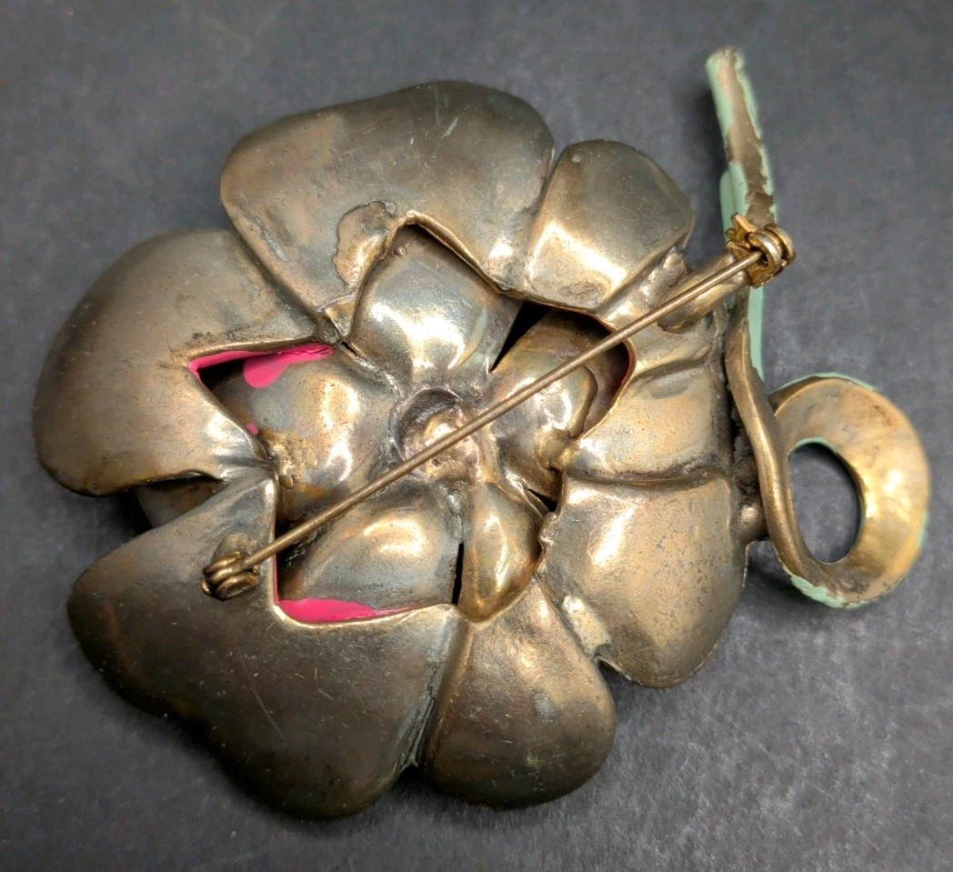 Vintage Artisan Gorgeous Pink And Green Pot Metal And Enamel Flower Brooch 3X3″