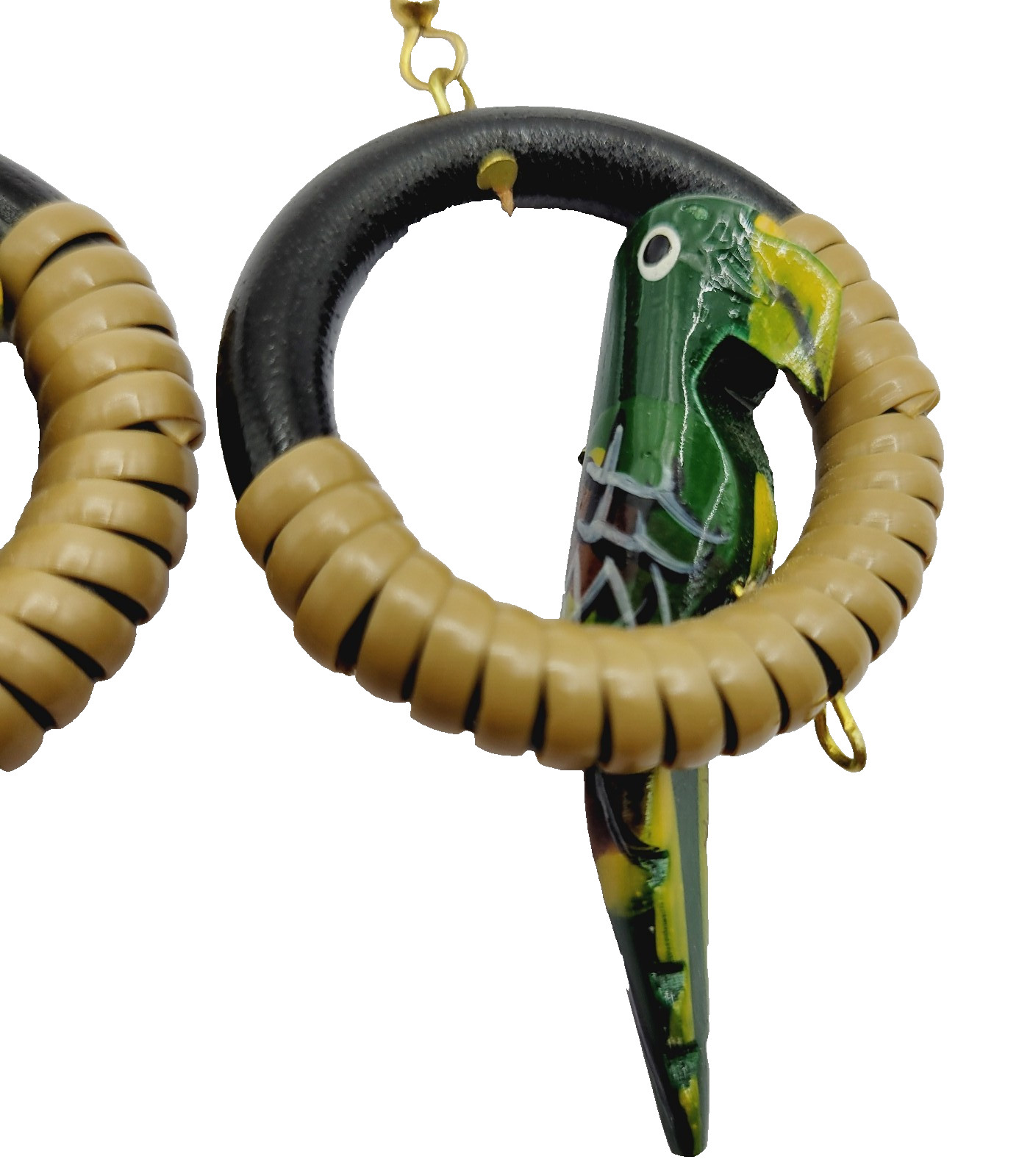 Parrot Macaw Tropical Hand Painted Carved Bird on Hoop Hook Pierced Vtg Earrings