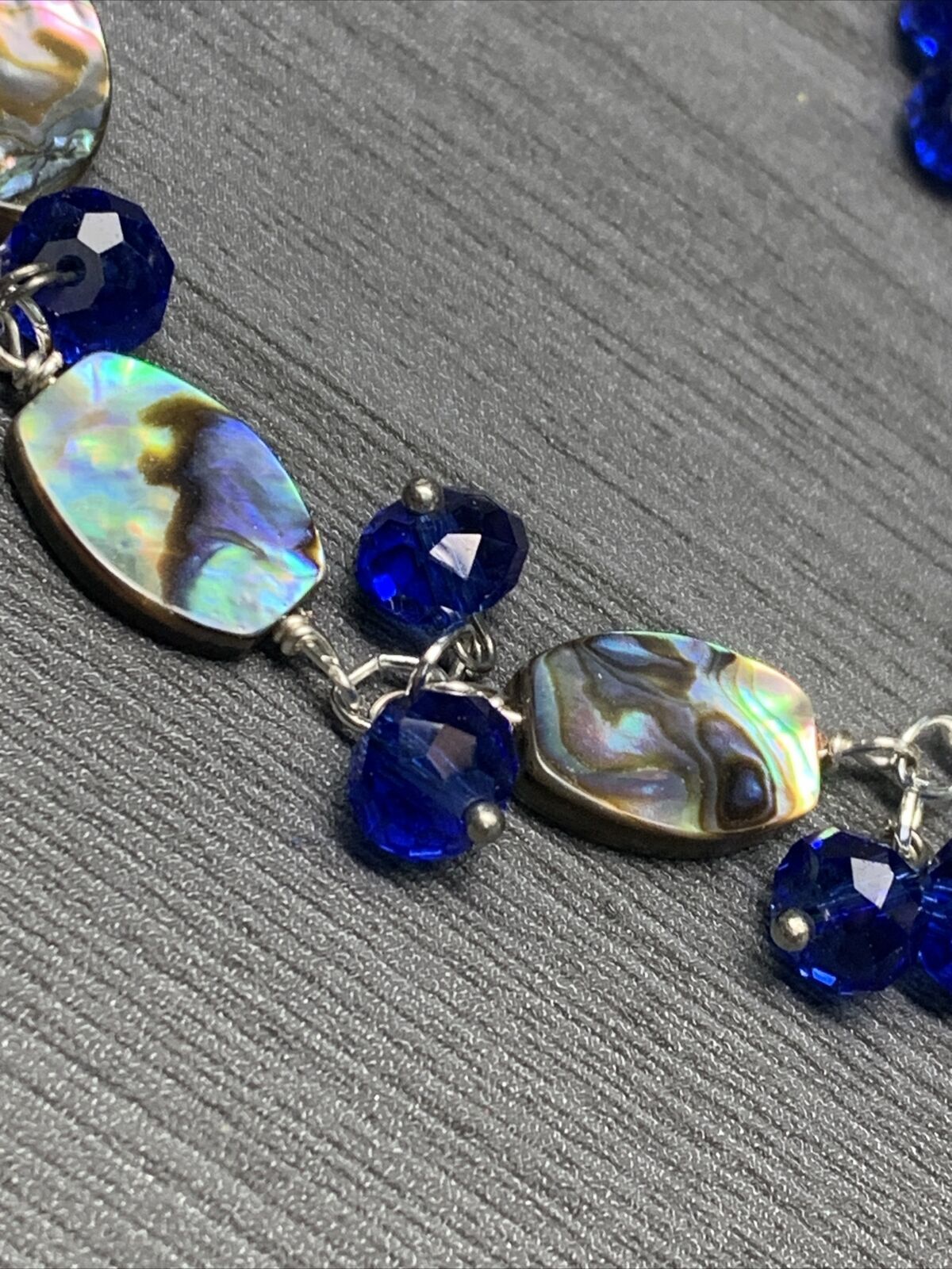 Vintage Beach Ocean Theme Abalone Shell Blue Crystal Bracelet 7.5”-9”