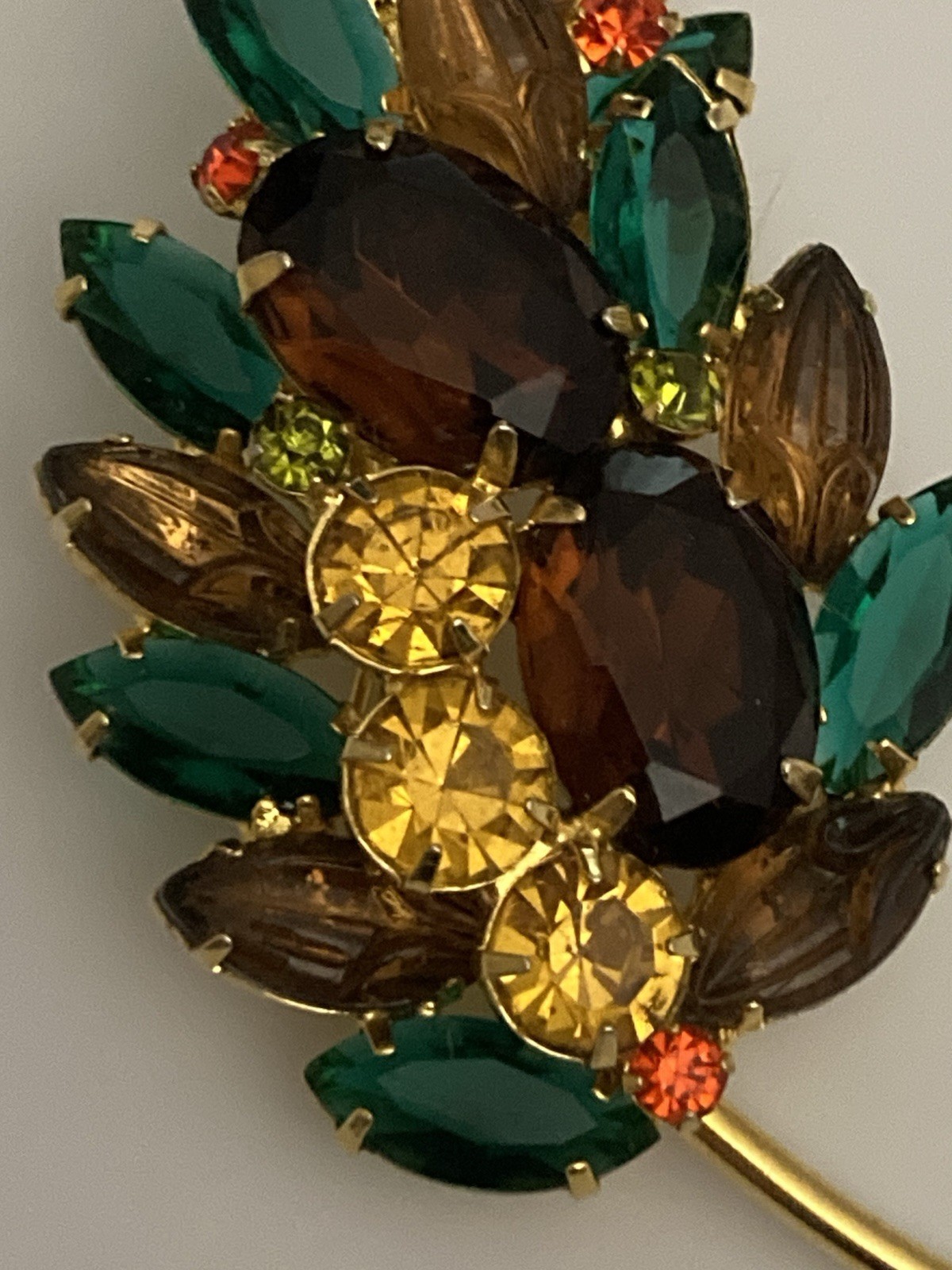 Vintage Stunning Stacked Rhinestone Leaf Brooch, Fall Colors