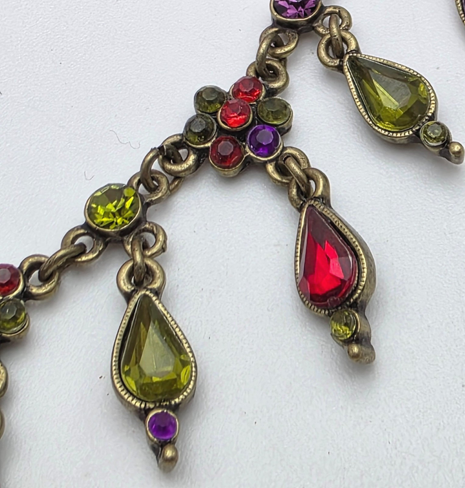 Vintage Brass Tone Multicolor Rhinestone Teardrop Fringe Necklace 19 in adj.