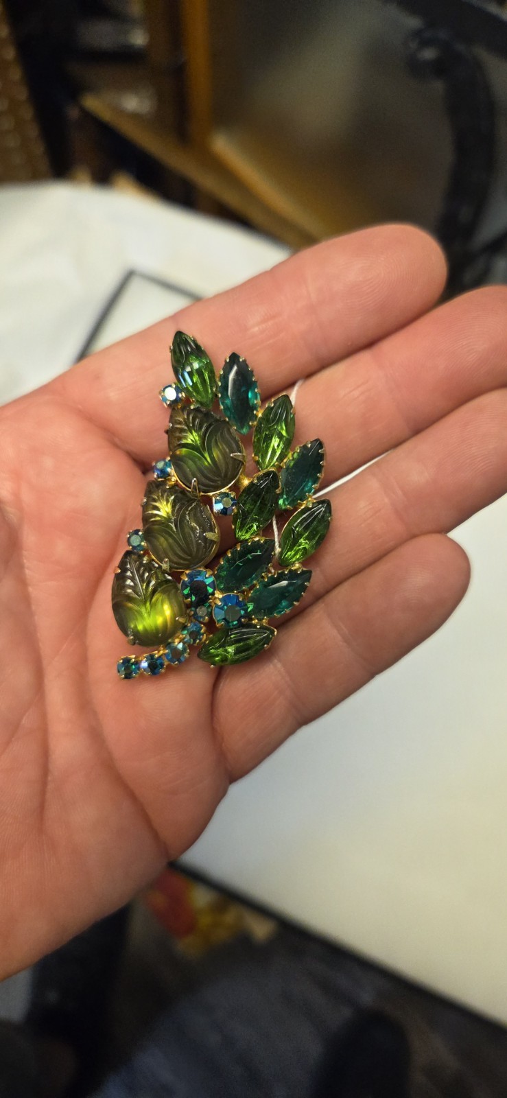Juliana DeLizza & Elster brooch green and blue rhinestones Vintage