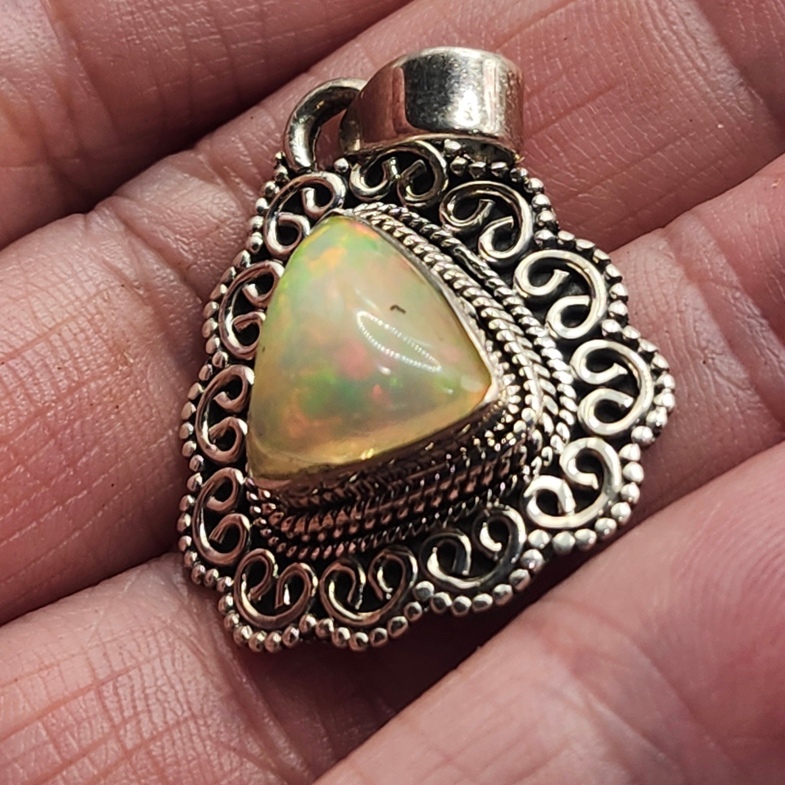 Vintage 925 Sterling Silver Ethiopian Opal Trillion Filigree Pendant