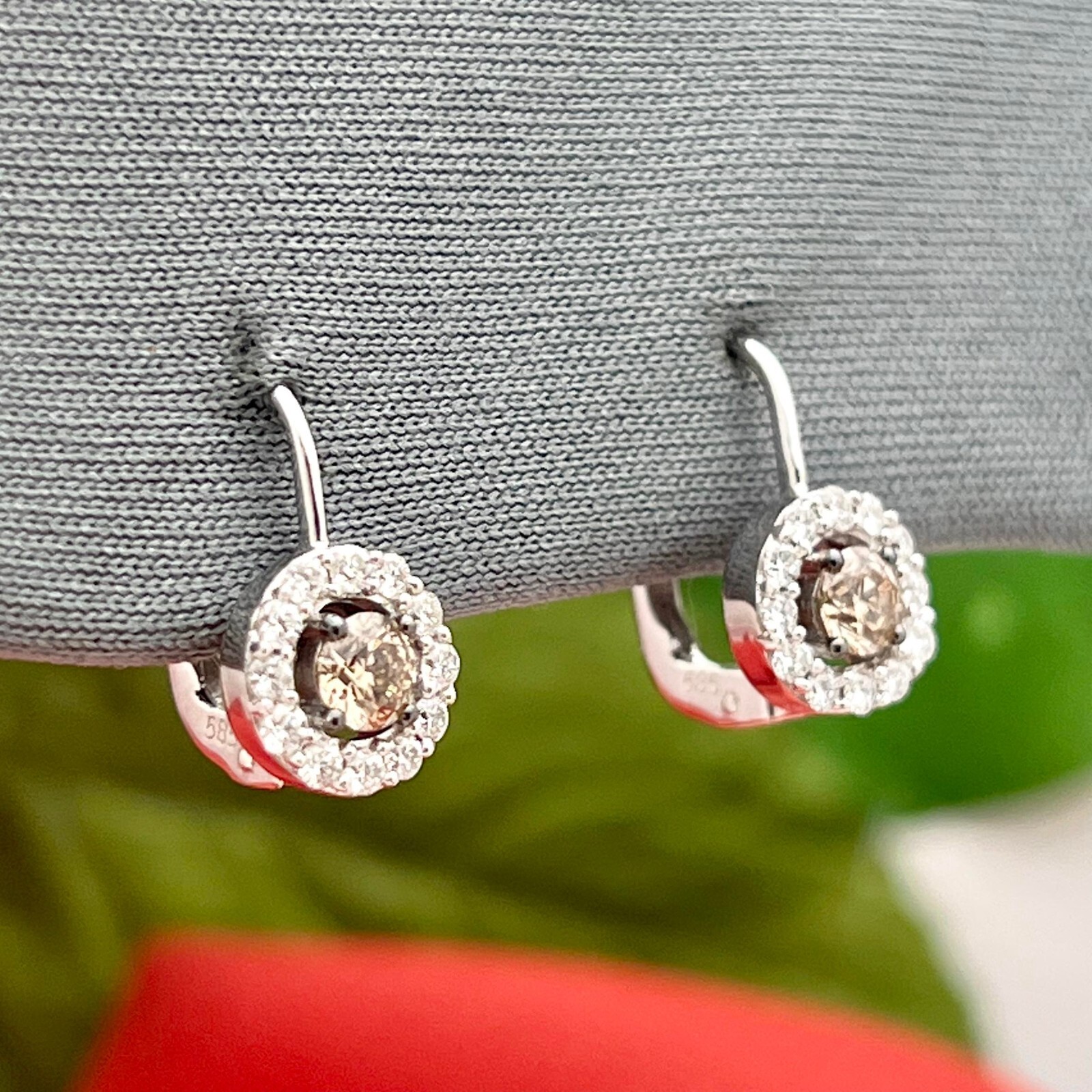 14K Diamond Drop Earrings-White Gold-Champagne and White Diamonds-0.50tcw