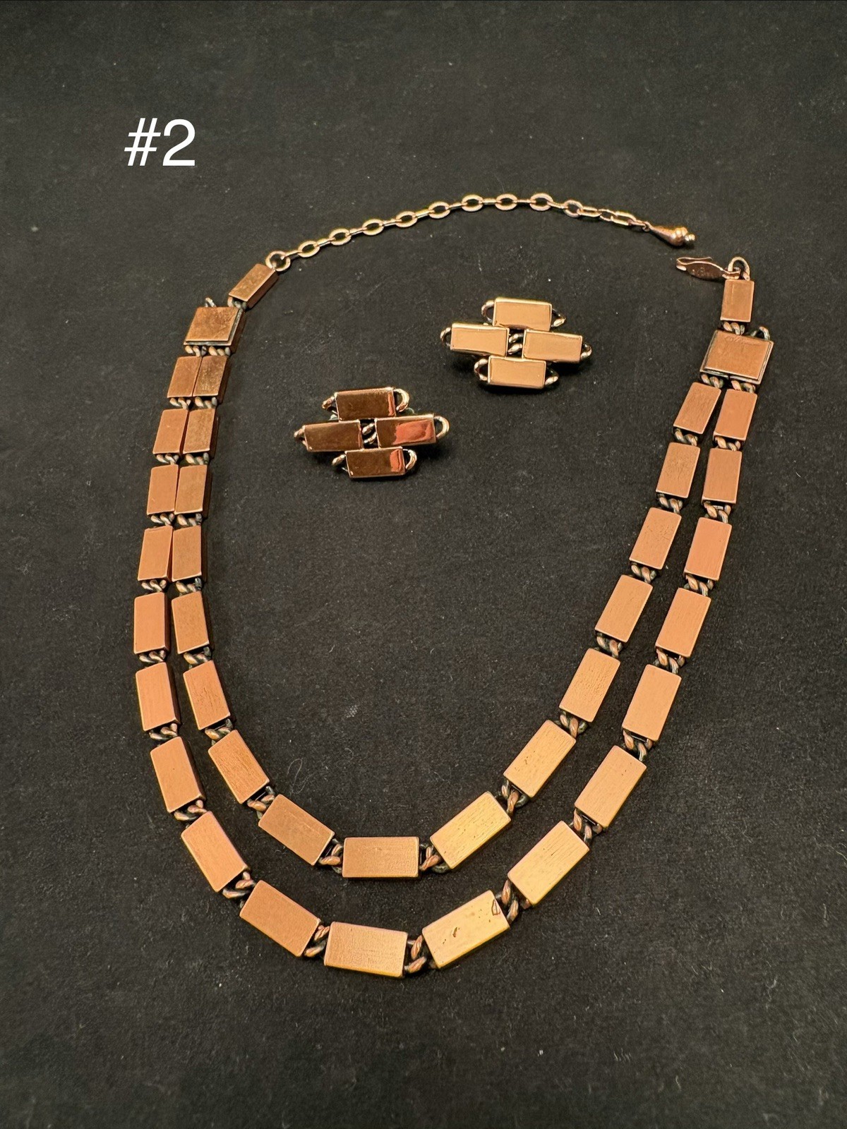 Vtg Renoir Copper 18” Rectangular Links Choker Double Necklace Clip Earring Set