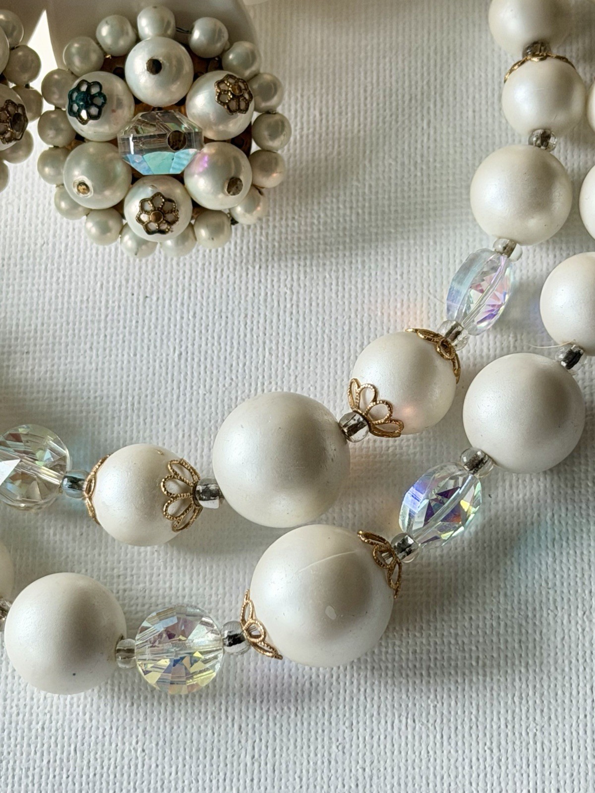 Vintage White Satin Bead Necklace & Clip On Earrings Set AB Crystal Bridal