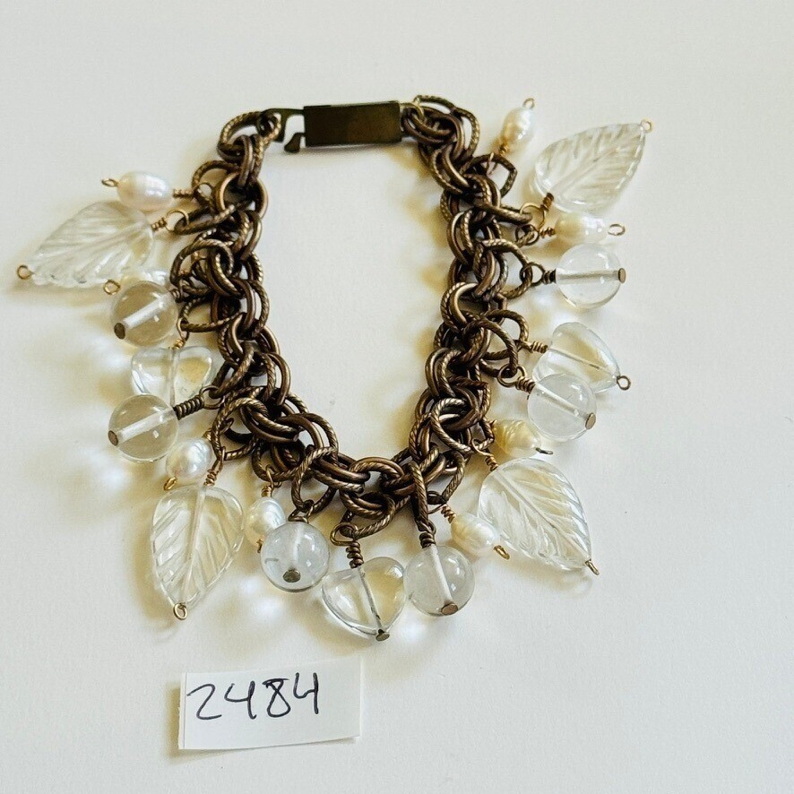 VTG charm Bracelet FreshWater Baroque Pearl glass leaf heart Beaded dangle brass