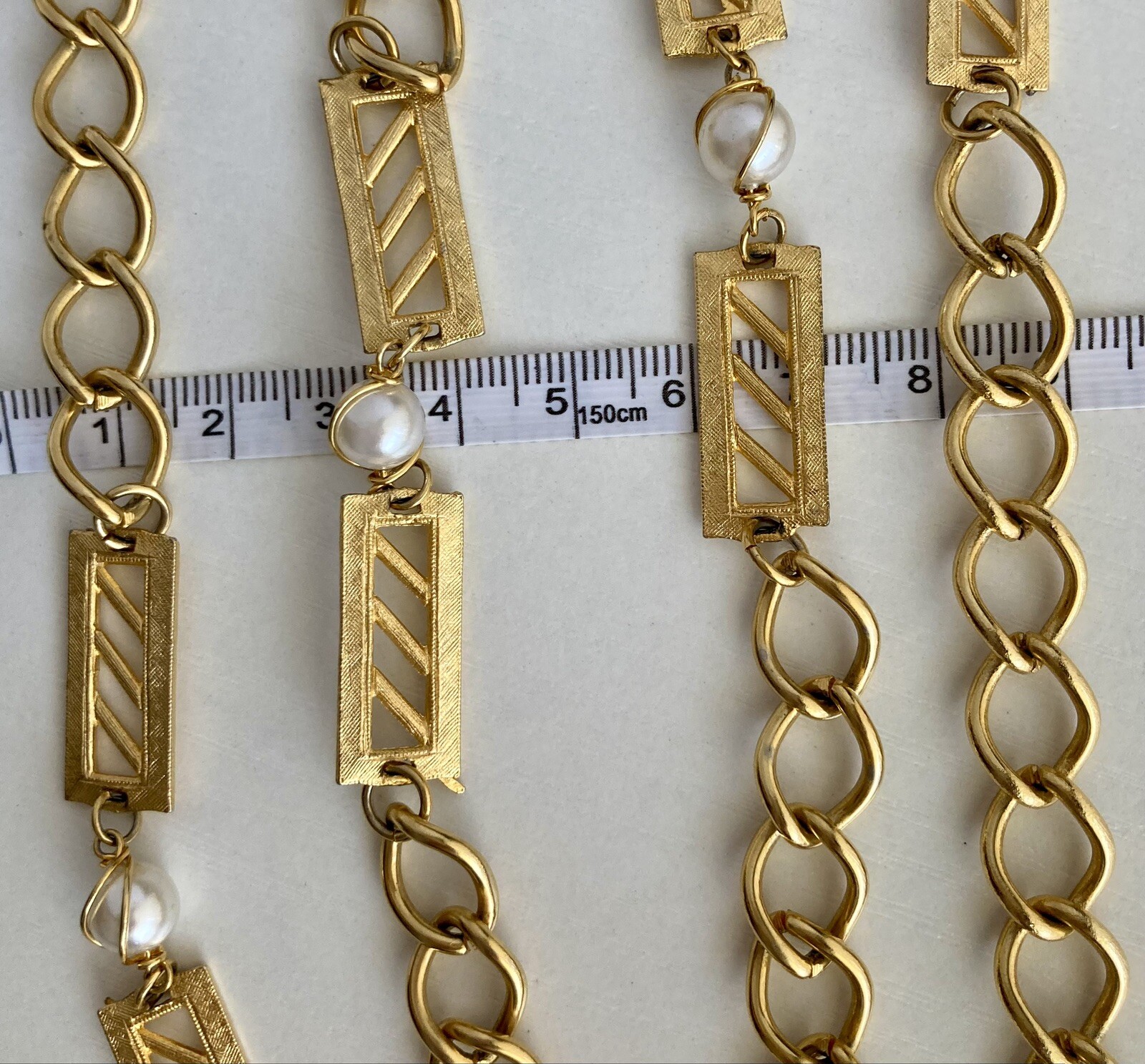 Vintage Gold Tone Bar Faux Pearl Station Oval Link Chain 52 inch Necklace 89.13g