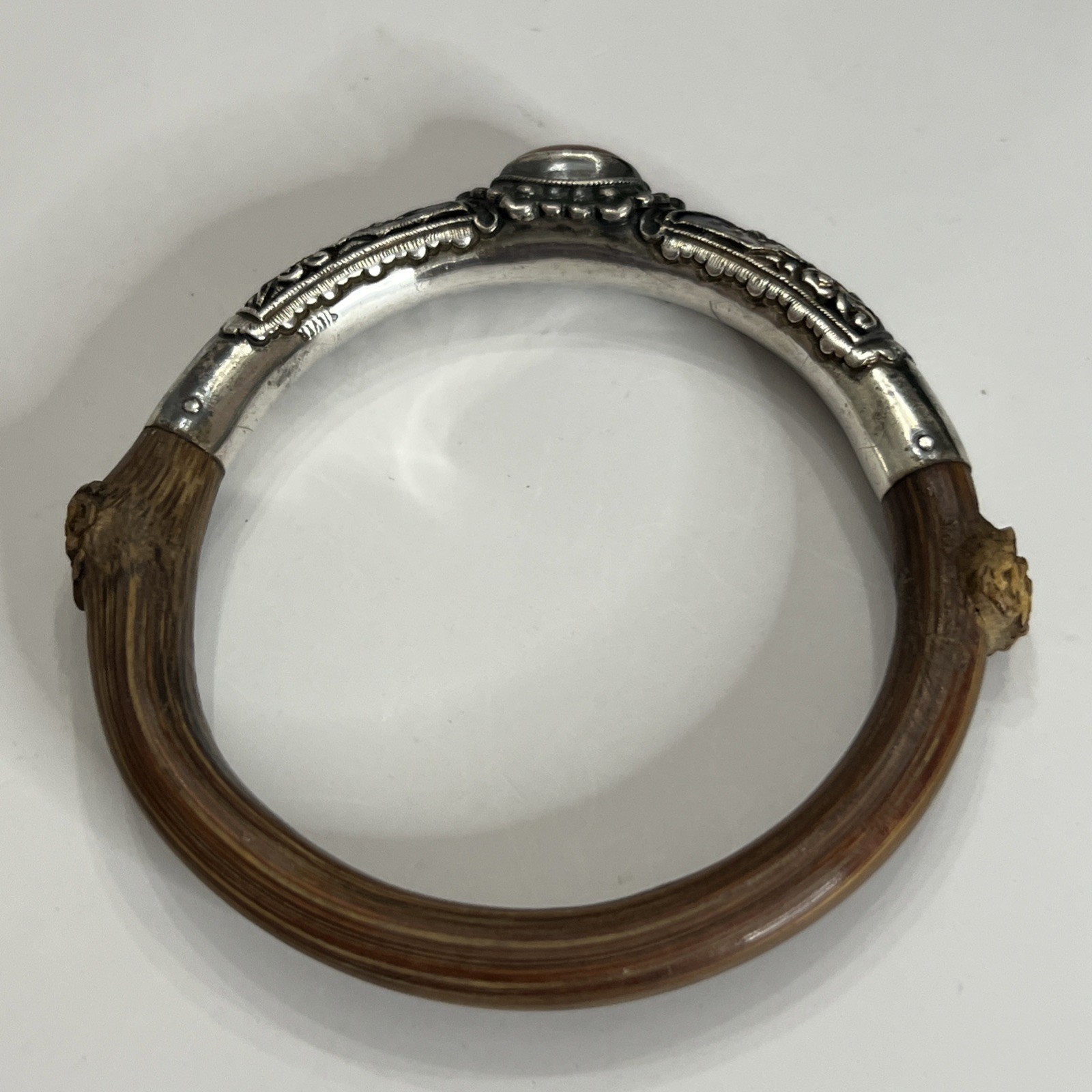 Antique Chinese Sterling Butterfly Enamel Carnelian Rattan Bamboo Bangle 7.75”