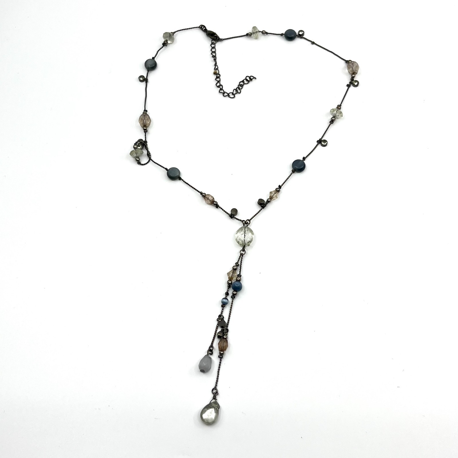 Vintage Y2K Gunmetal Blue Beaded Y-Necklace Tassel Drop Boho Aesthetic Classic