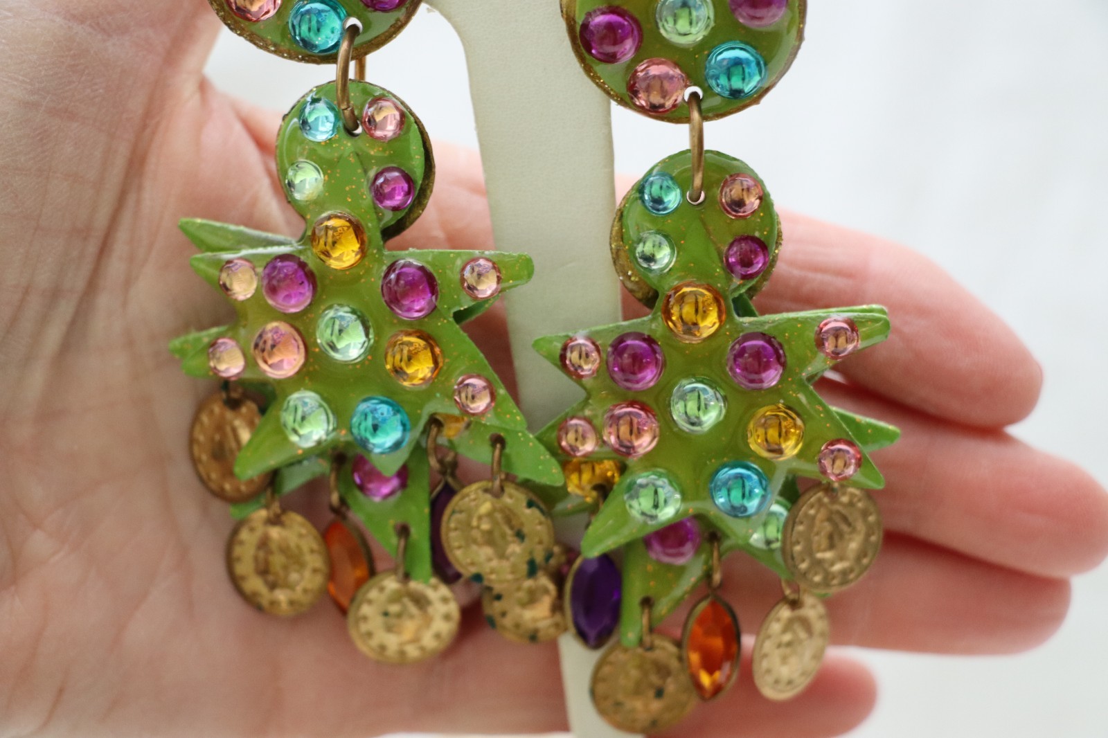 Vintage Green Resin Metal Christmas Tree Colorful Clip-On Dangle Earrings 4″