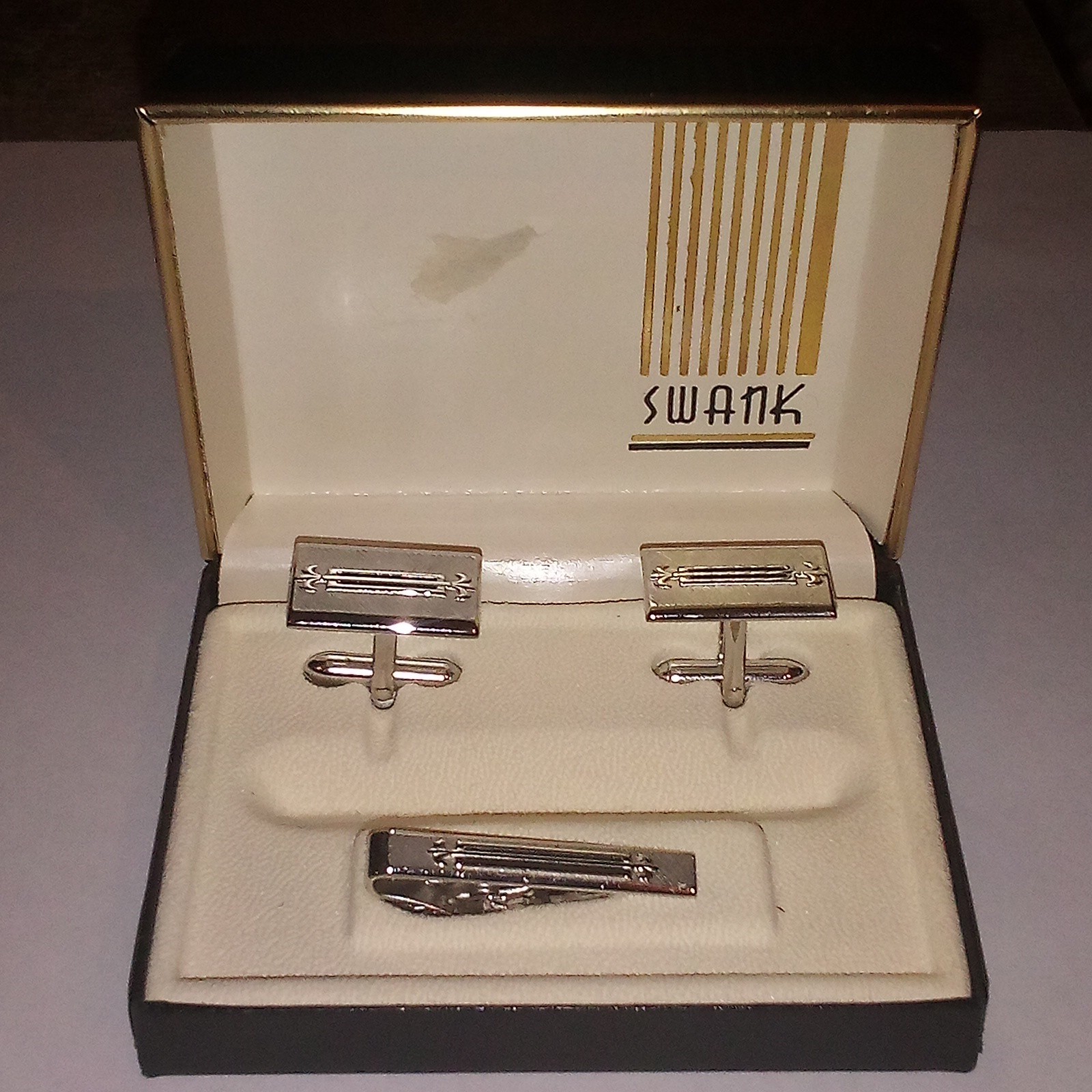 Vintage Swank Silver Tone Fleur De Lis Black Enamel Cuff Links & Tie Clip Set