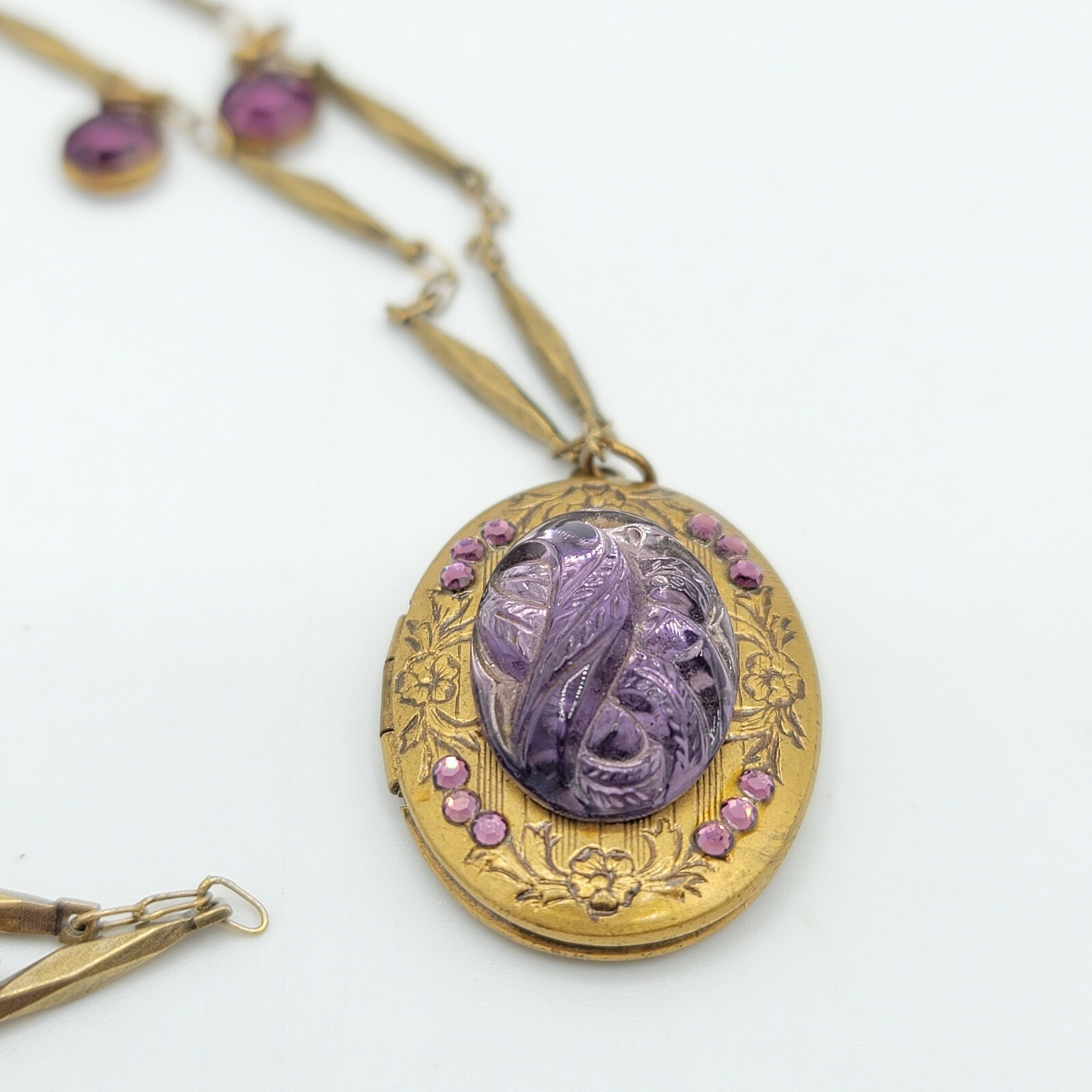 Vtg Glass Works Studio Necklace Locket Pendant Purple Glass Jewelry Beauty