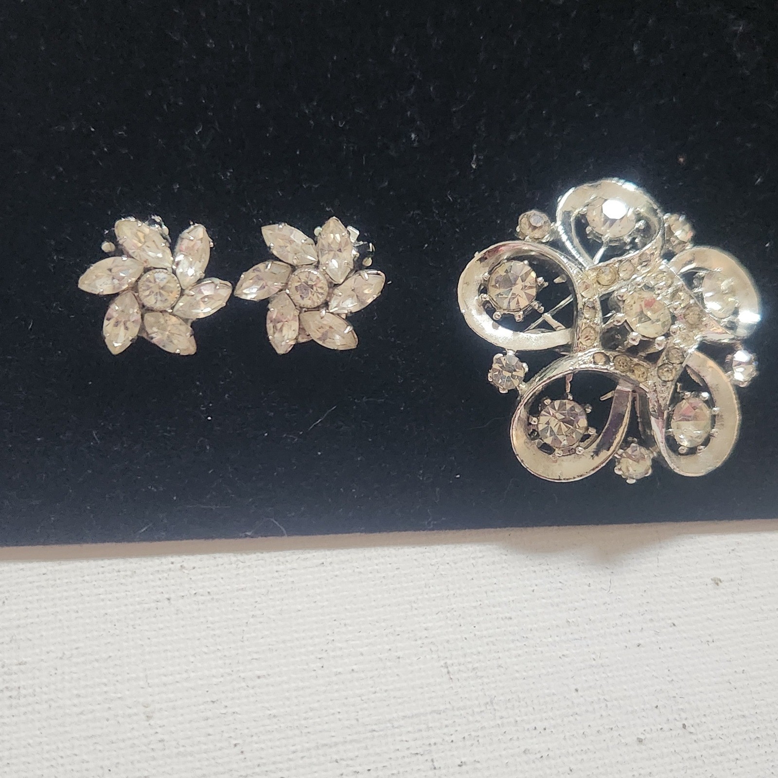 Vintage Rhinestone Brooch and Austria Clip On Earrings Set Silver Tone Floral