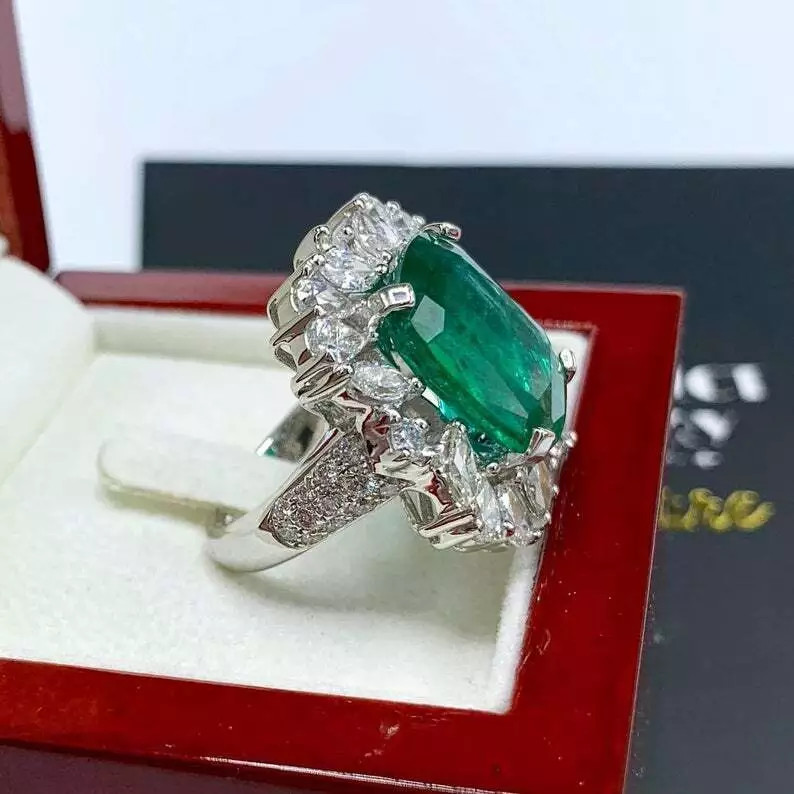 Cluster Design Cushion Cut Green Emerald With Multi Shape CZ 14.03TCW Women Ring