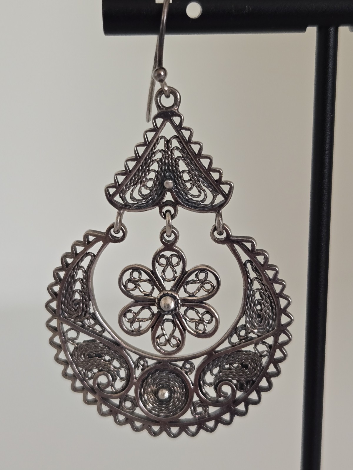 VTG NF Thailand Sterling Silver Cannetille Filigree Flower Boho Dangle Earrings
