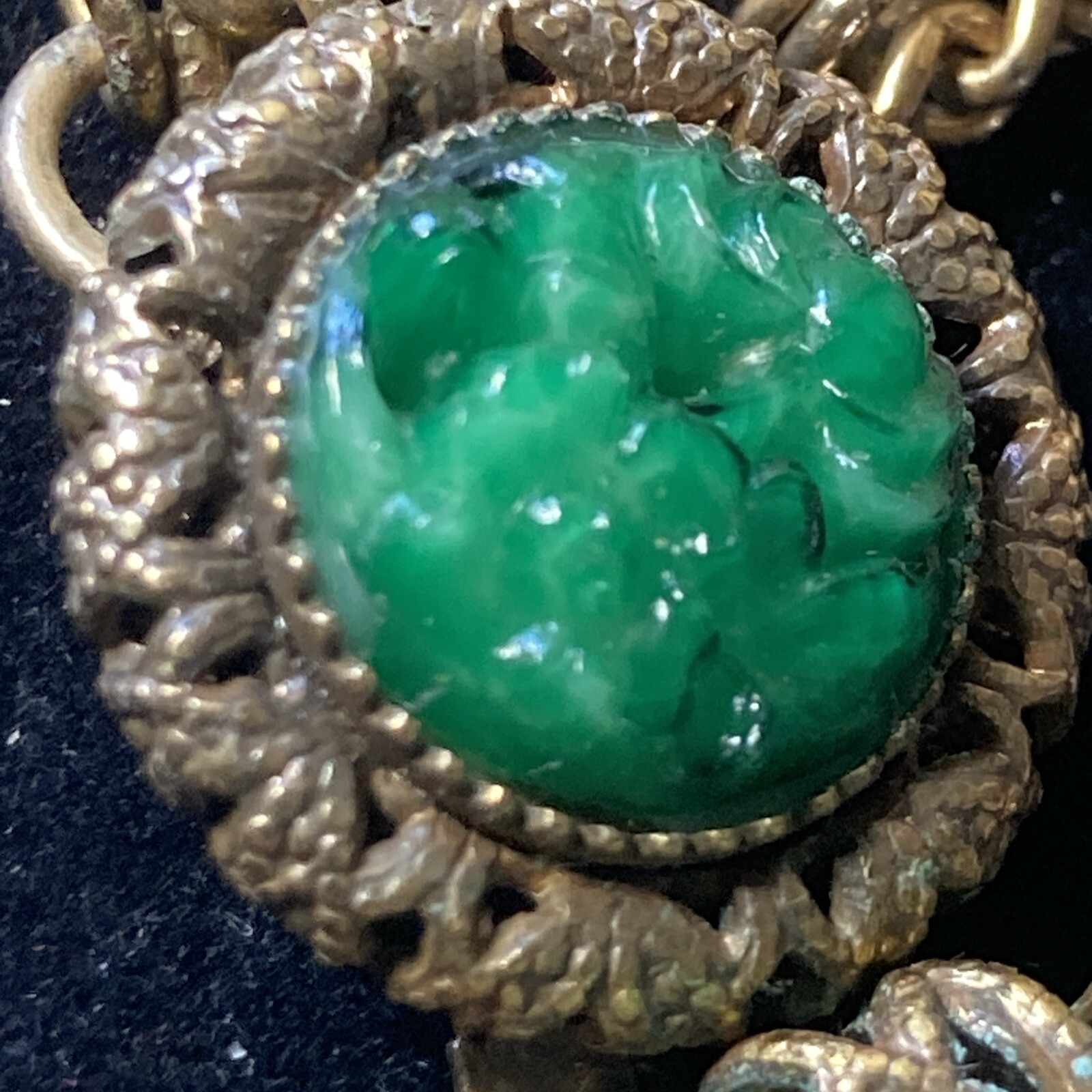 vtgAntq 3 Strand chains Art Deco 2 pendant Faux Jade molded Glass elegant detail