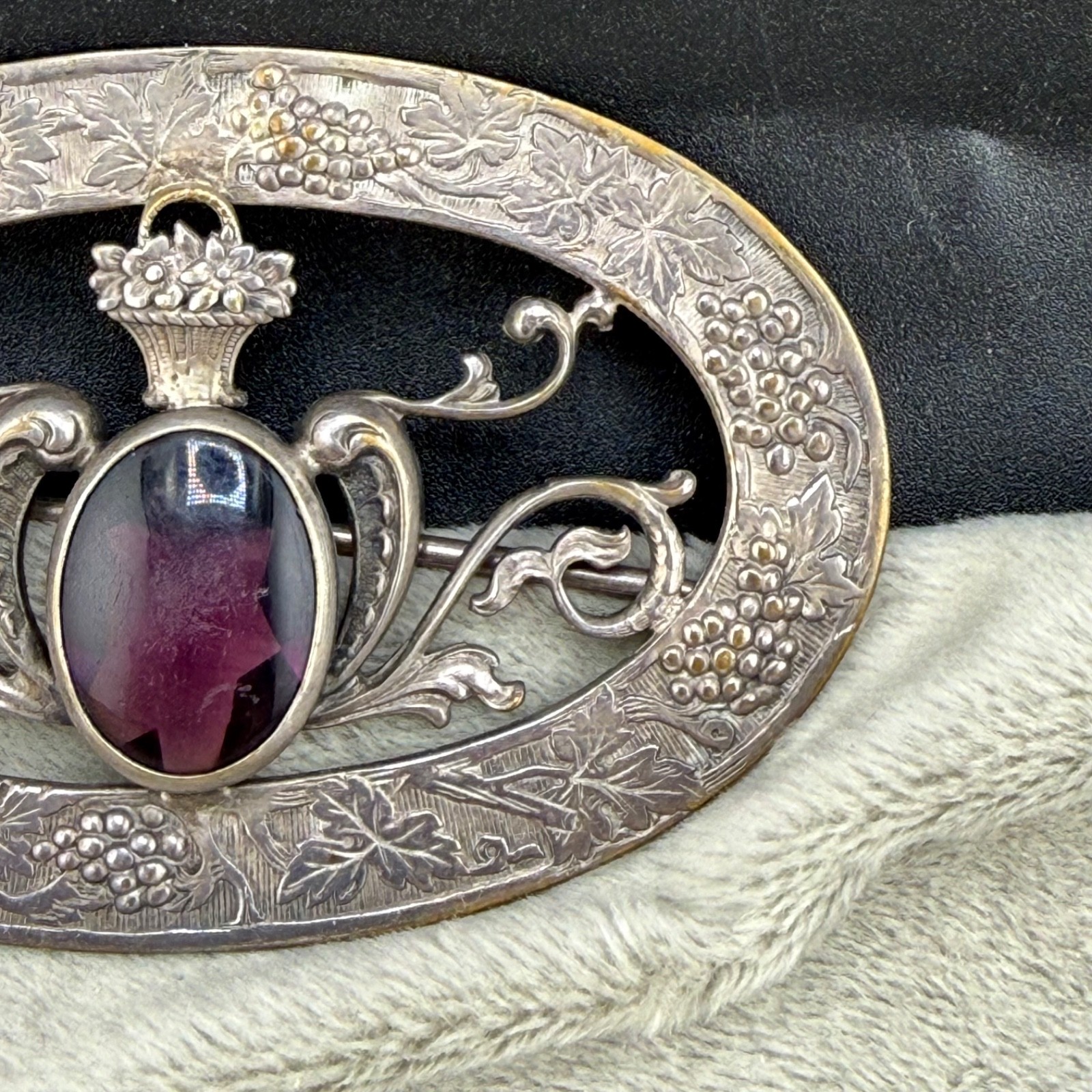 Vintage Sash Pin Brooch Grapes Flower Basket Purple Rhinestone