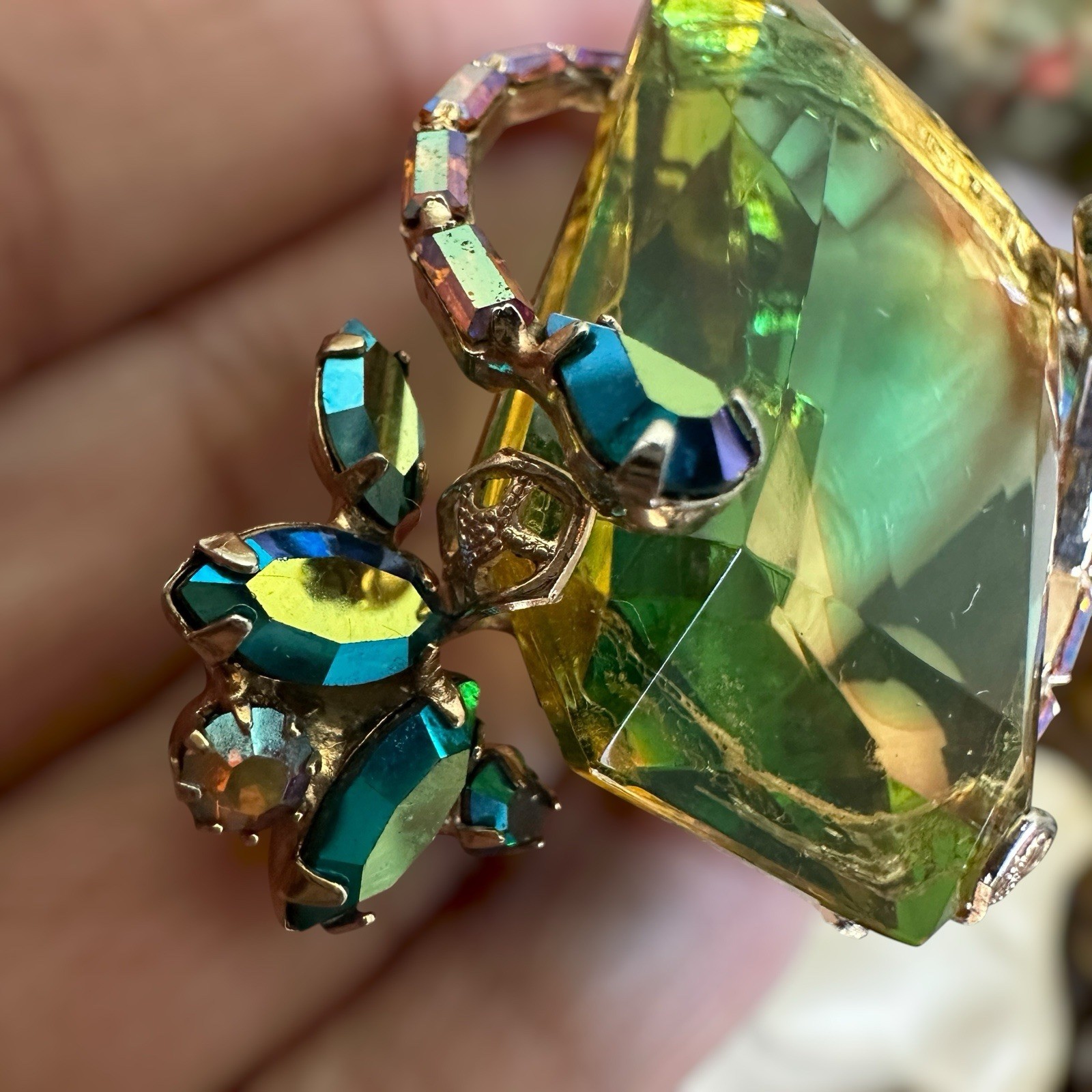 VTG Shadowbox Cocktail Brooch 2 Inch Vitrail Emerald Cut Blue AB Gold Filigree