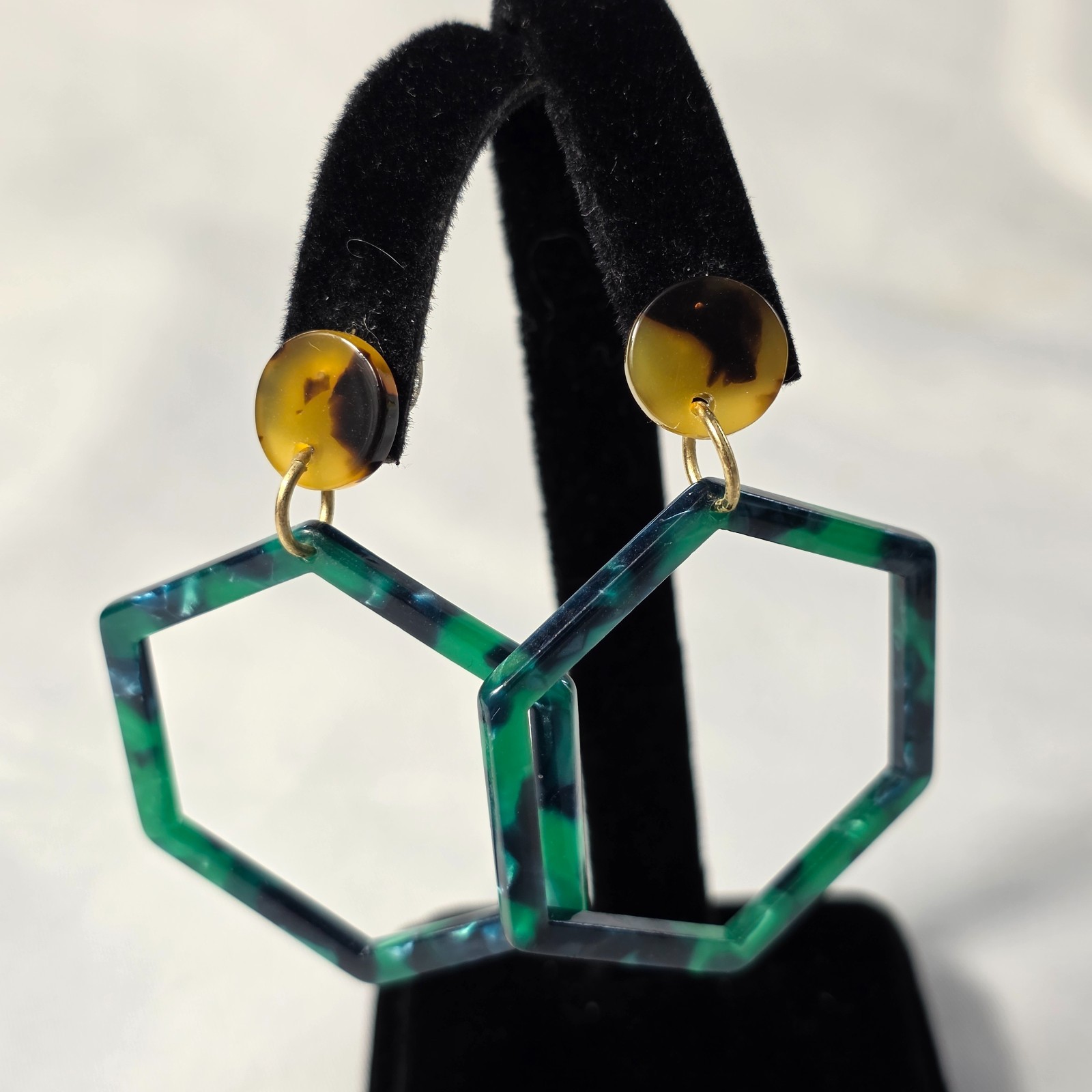 Green Hexagon Acrylic Hoop Earrings Polished Tortoise Shell Finish